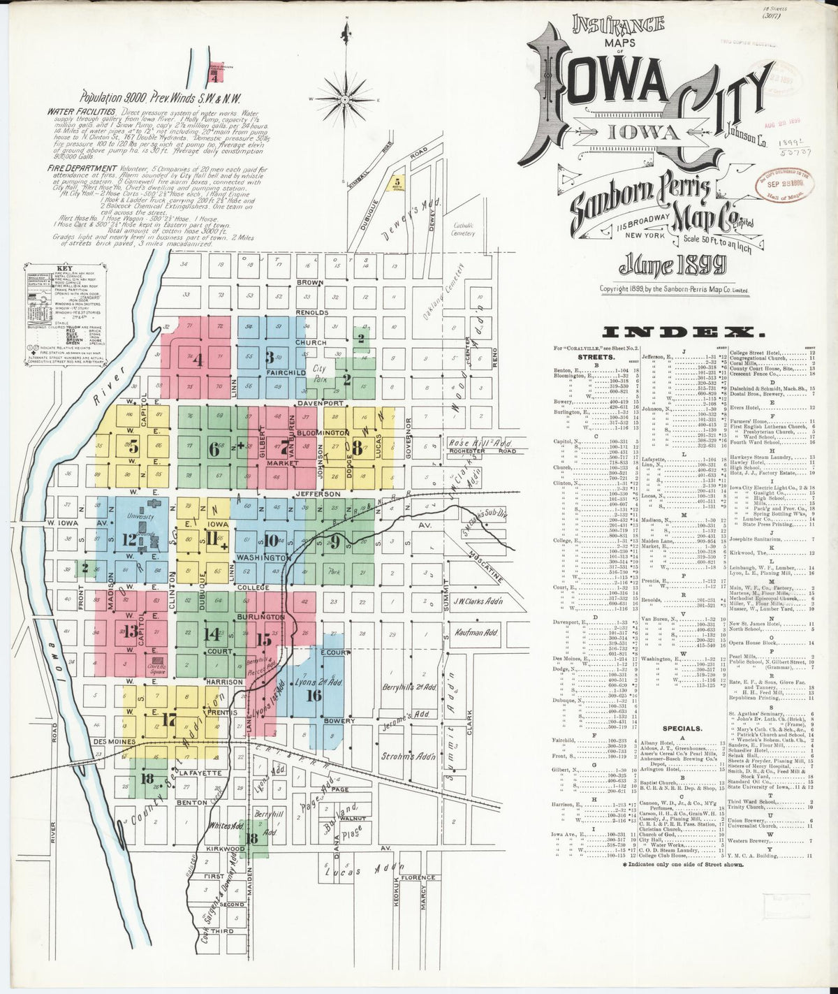 Sanborn Fire Insurance Map from Iowa City, Johnson County, Iowa (1899), Sheet #0001 - Historic Sanborn Fire Insurance Map Print