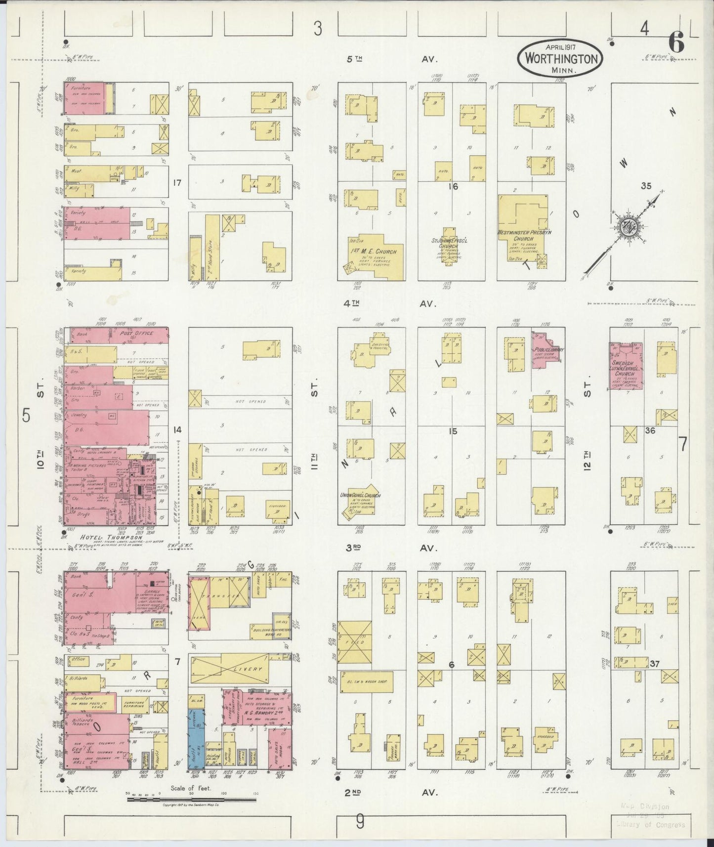 Sanborn Fire Insurance Map from Worthington, Nobles County, Minnesota (1917), Sheet #0006 - Complete Map Set gallery image, historic Sanborn map, vintage wall art, Minnesota Minnesota