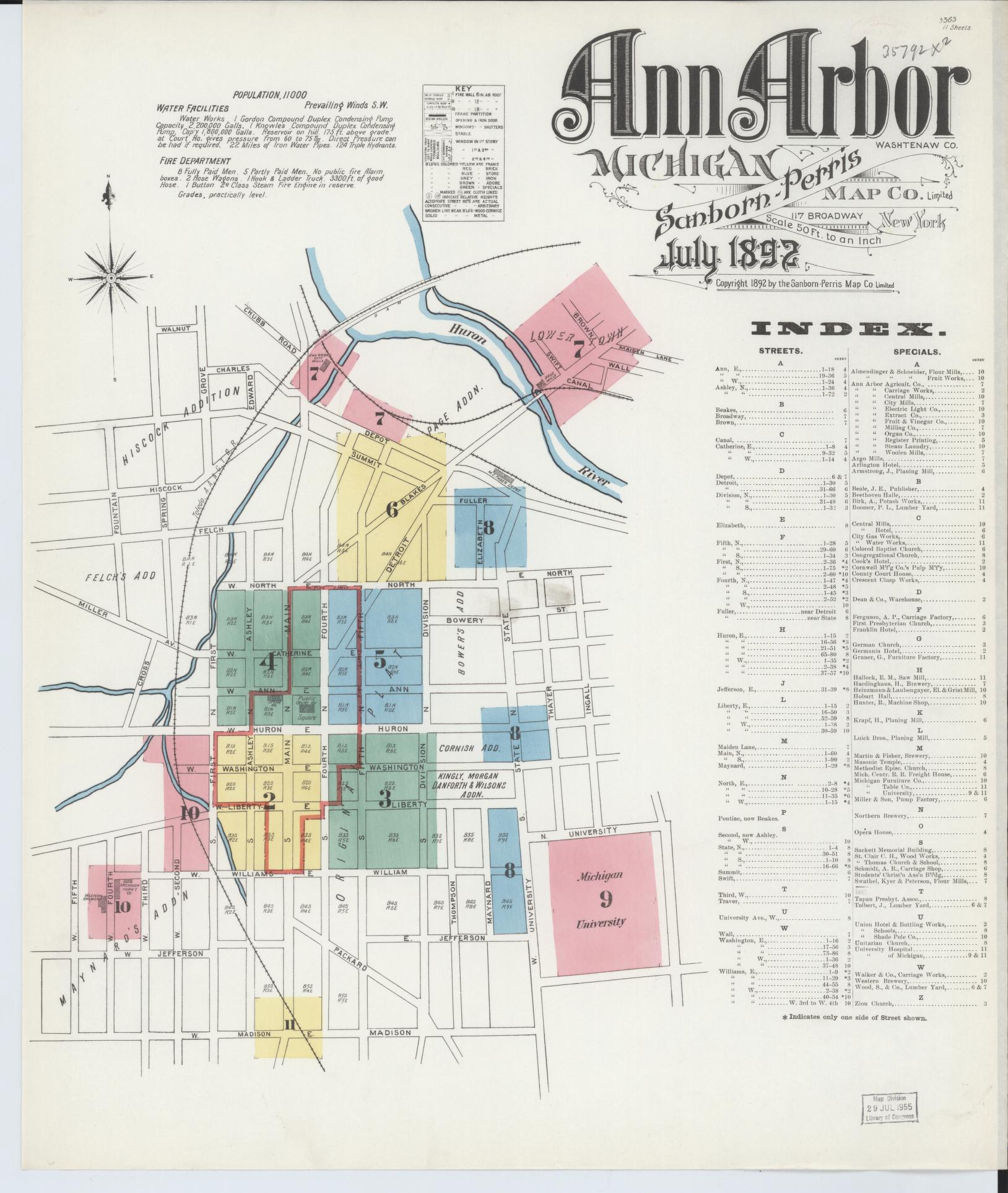Sanborn Fire Insurance Map from Ann Arbor, Washtenaw County, Michigan (1892), Sheet #0001 - Historic Sanborn Fire Insurance Map Print, vintage old map wall art, antique decor, genealogy gift, Michigan Michigan map