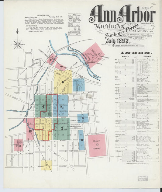 Sanborn Fire Insurance Map from Ann Arbor, Washtenaw County, Michigan (1892), Sheet #0001 - Historic Sanborn Fire Insurance Map Print, vintage old map wall art, antique decor, genealogy gift, Michigan Michigan map