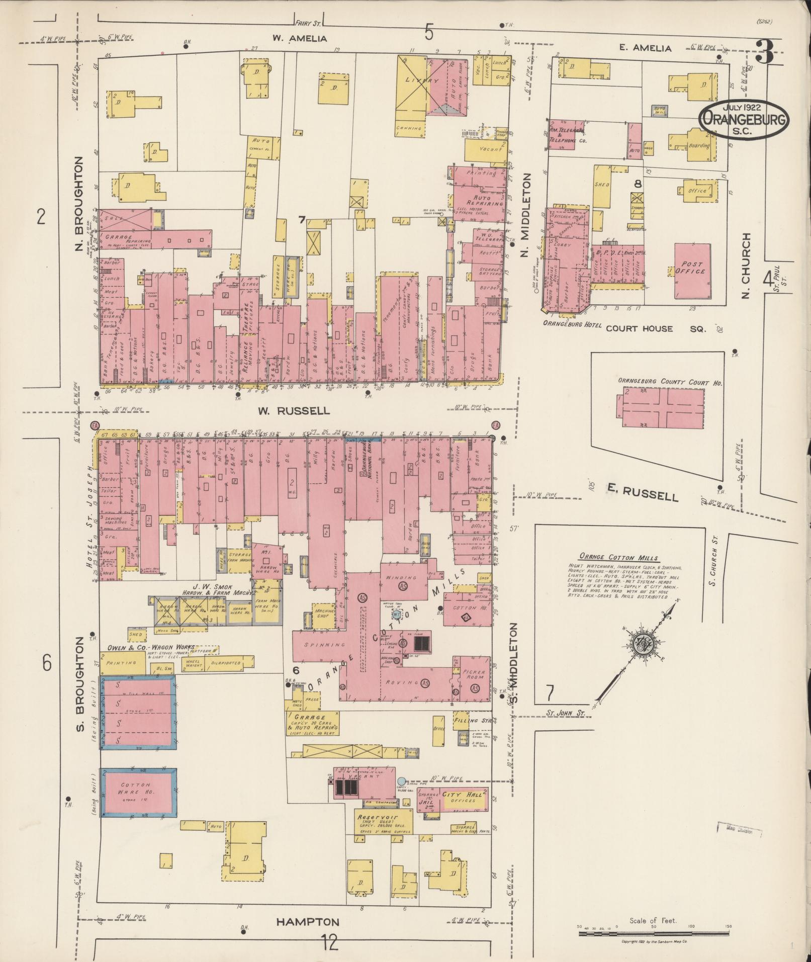 Sanborn Fire Insurance Map from Orangeburg, Orangeburg County, South Carolina (1922), Sheet #0003 - Historic Sanborn Fire Insurance Map Print, vintage old map wall art, antique decor, genealogy gift, South Carolina South Carolina map