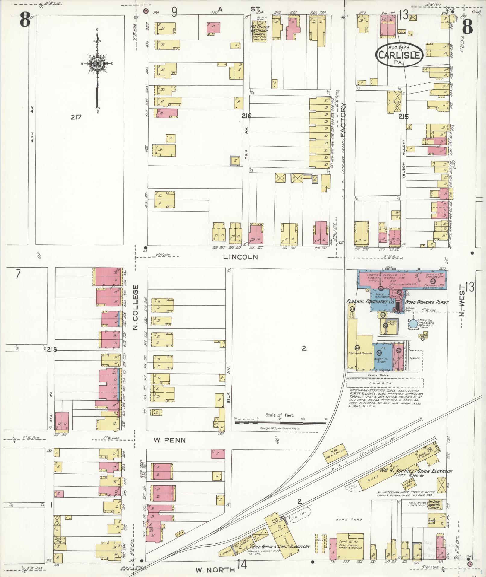 Sanborn Fire Insurance Map from Carlisle, Cumberland County, Pennsylvania (1923), Sheet #0008 - Historic Sanborn Fire Insurance Map Print, vintage old map wall art, antique decor, genealogy gift, Pennsylvania Pennsylvania map