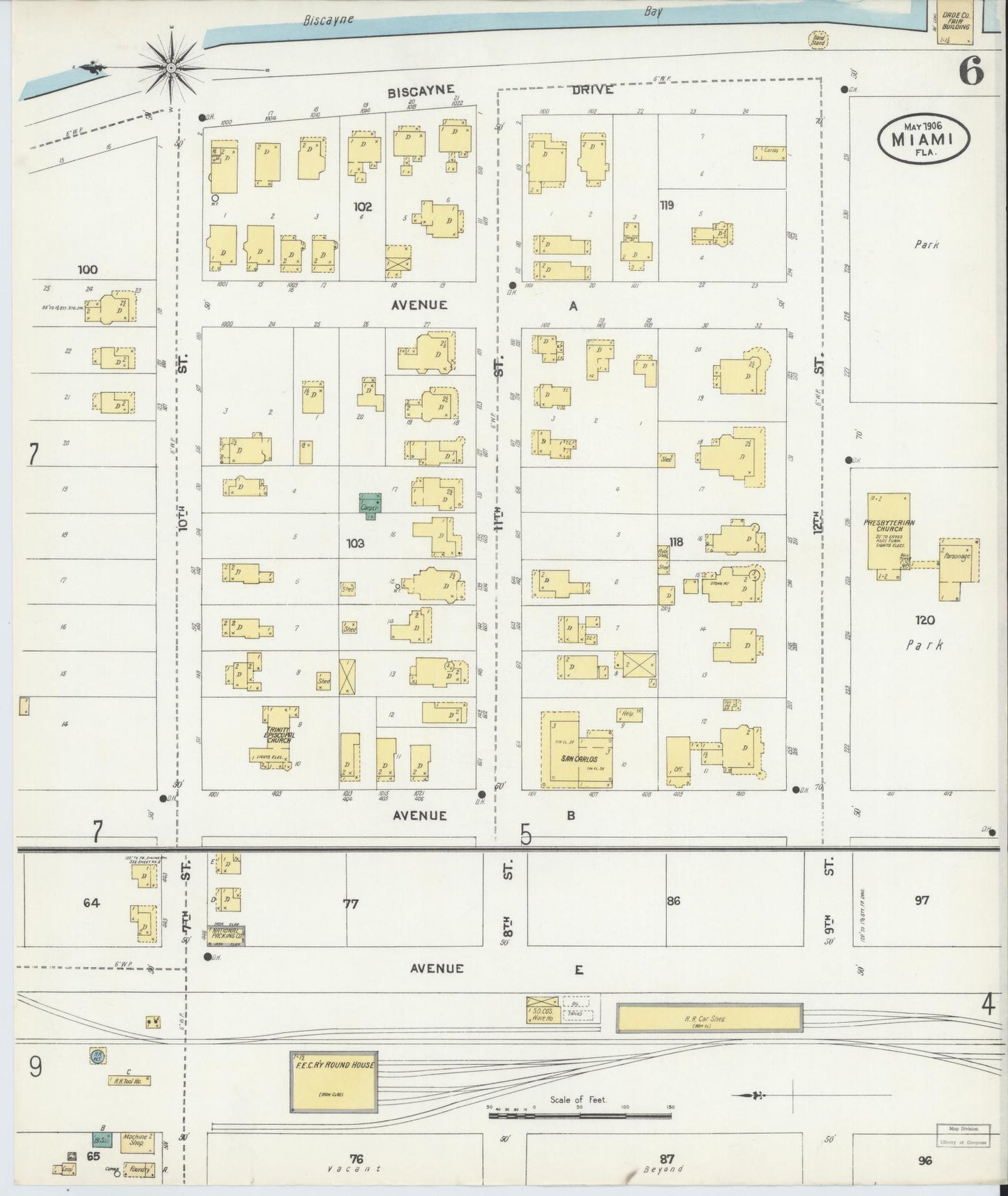 Sanborn Fire Insurance Map from Miami, Dade County, Florida (1906), Sheet #0006 - Historic Sanborn Fire Insurance Map Print, vintage old map wall art, antique decor, genealogy gift, Florida Florida map