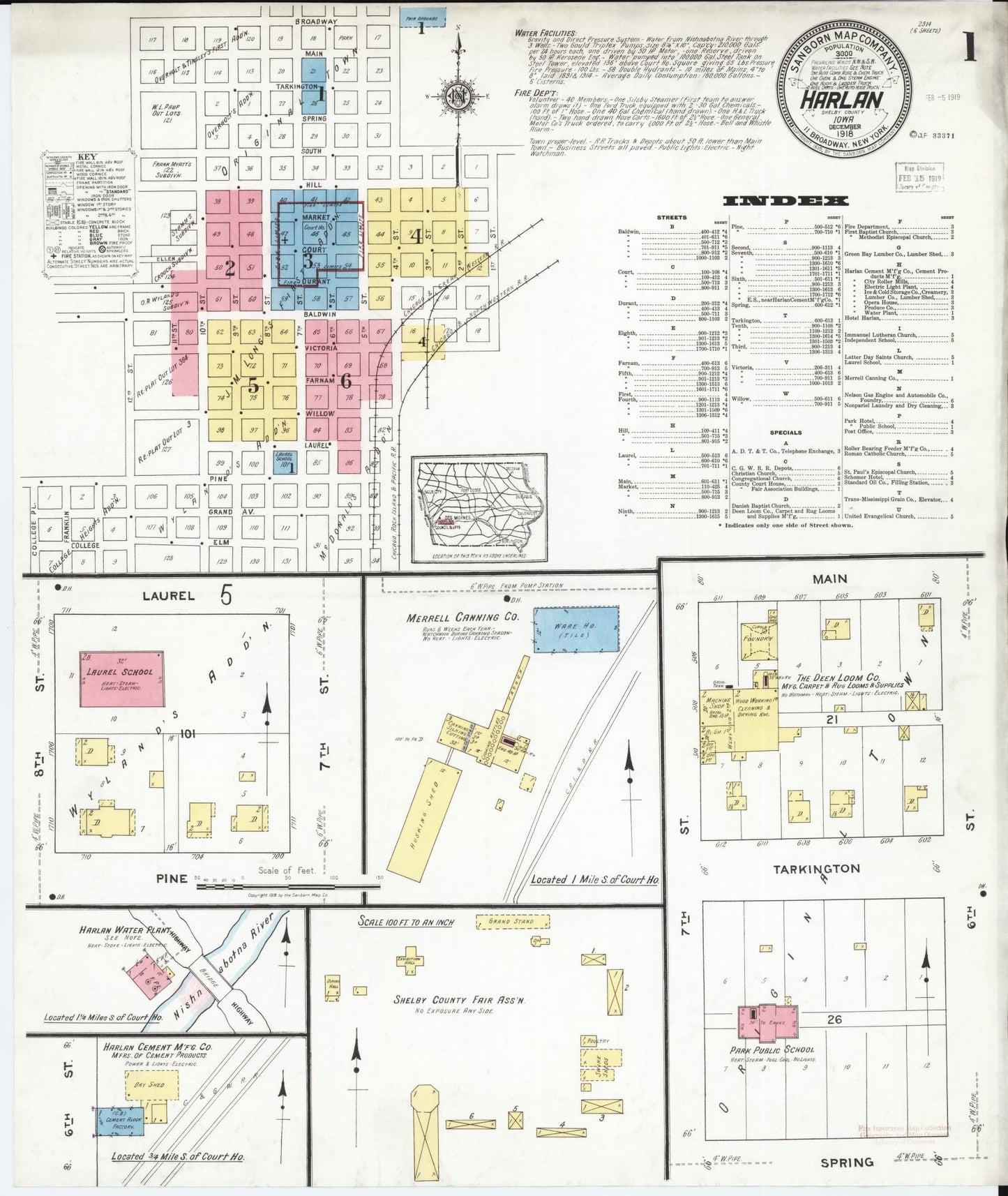 Sanborn Fire Insurance Map from Harlan, Shelby County, Iowa (1918), Sheet #0001 - Historic Sanborn Fire Insurance Map Print, vintage old map wall art