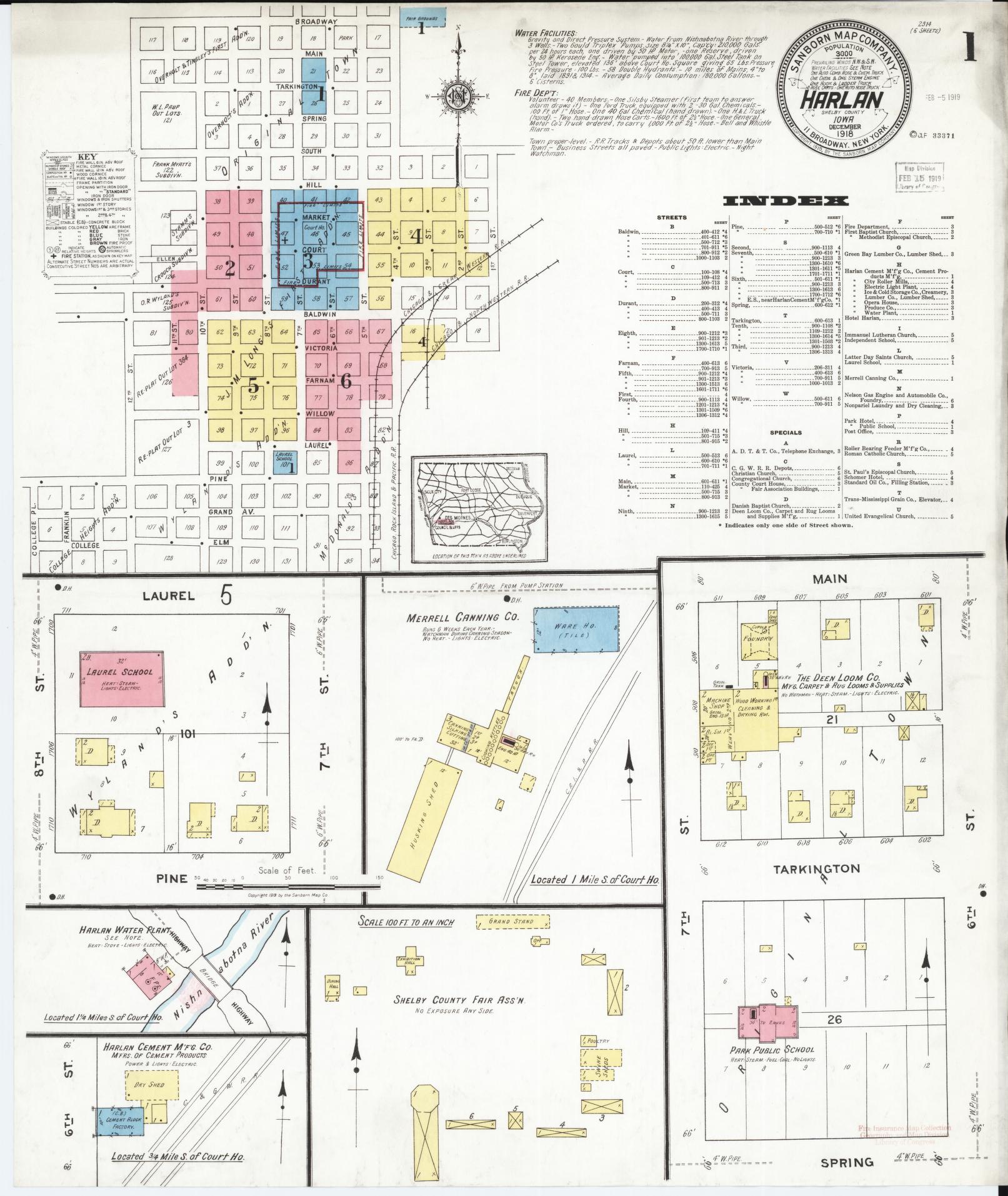 Sanborn Fire Insurance Map from Harlan, Shelby County, Iowa (1918), Sheet #0001 - Historic Sanborn Fire Insurance Map Print, vintage old map wall art
