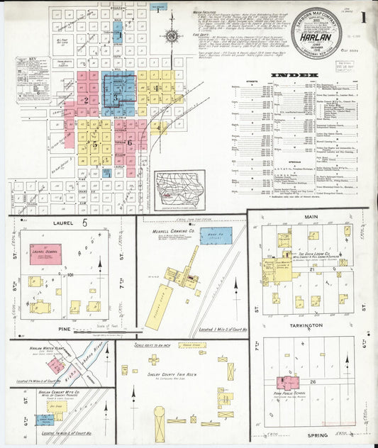 Sanborn Fire Insurance Map from Harlan, Shelby County, Iowa (1918), Sheet #0001 - Historic Sanborn Fire Insurance Map Print, vintage old map wall art