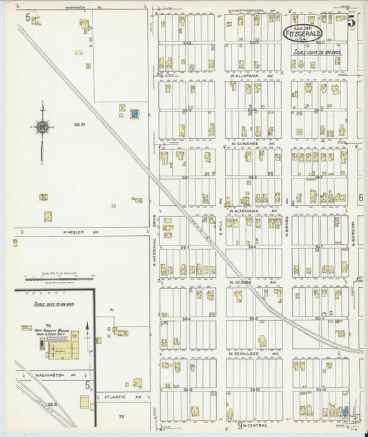 Sanborn Fire Insurance Map from Fitzgerald, Ben Hill County, Georgia (1921), Sheet #0005 - Historic Sanborn Fire Insurance Map Print, vintage old map wall art, antique decor, genealogy gift, Georgia Georgia map