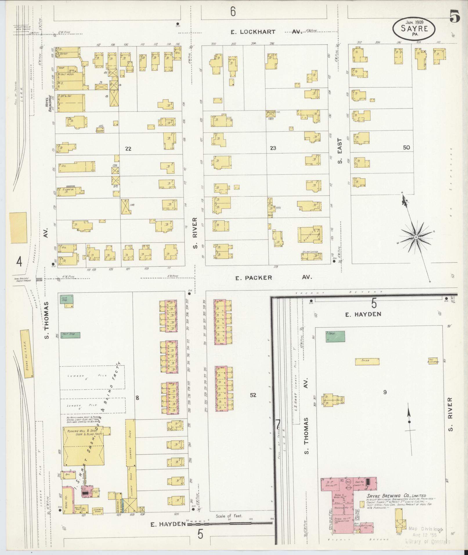 Sanborn Fire Insurance Map from Sayre, Bradford County, Pennsylvania (1909), Sheet #0005 - Complete Map Set gallery image, historic Sanborn map, vintage wall art, Pennsylvania Pennsylvania