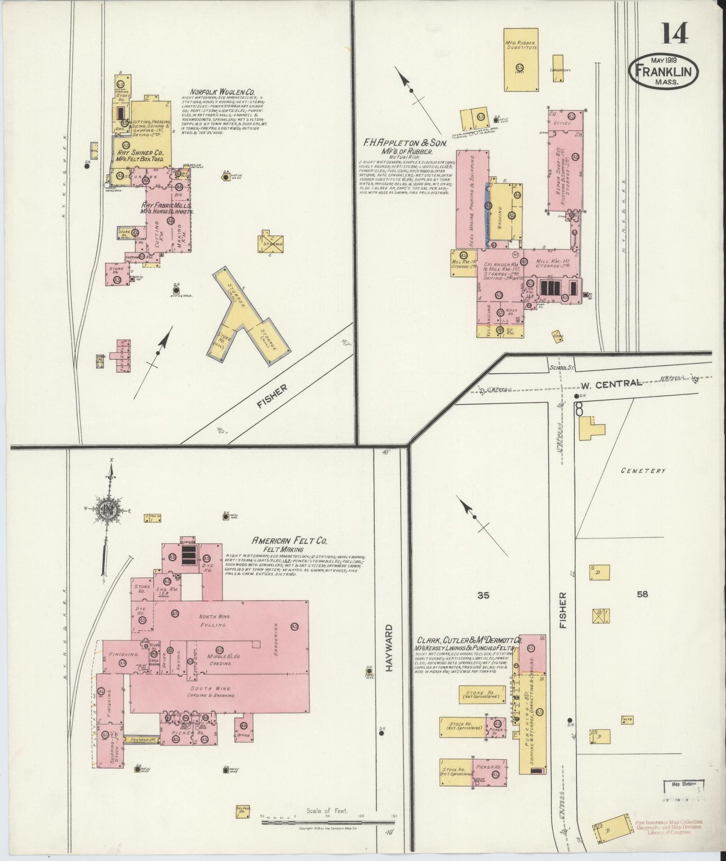 Sanborn Fire Insurance Map from Franklin, Norfolk County, Massachusetts (1919), Sheet #0014 - Complete Map Set gallery image, historic Sanborn map, vintage wall art, Massachusetts Massachusetts