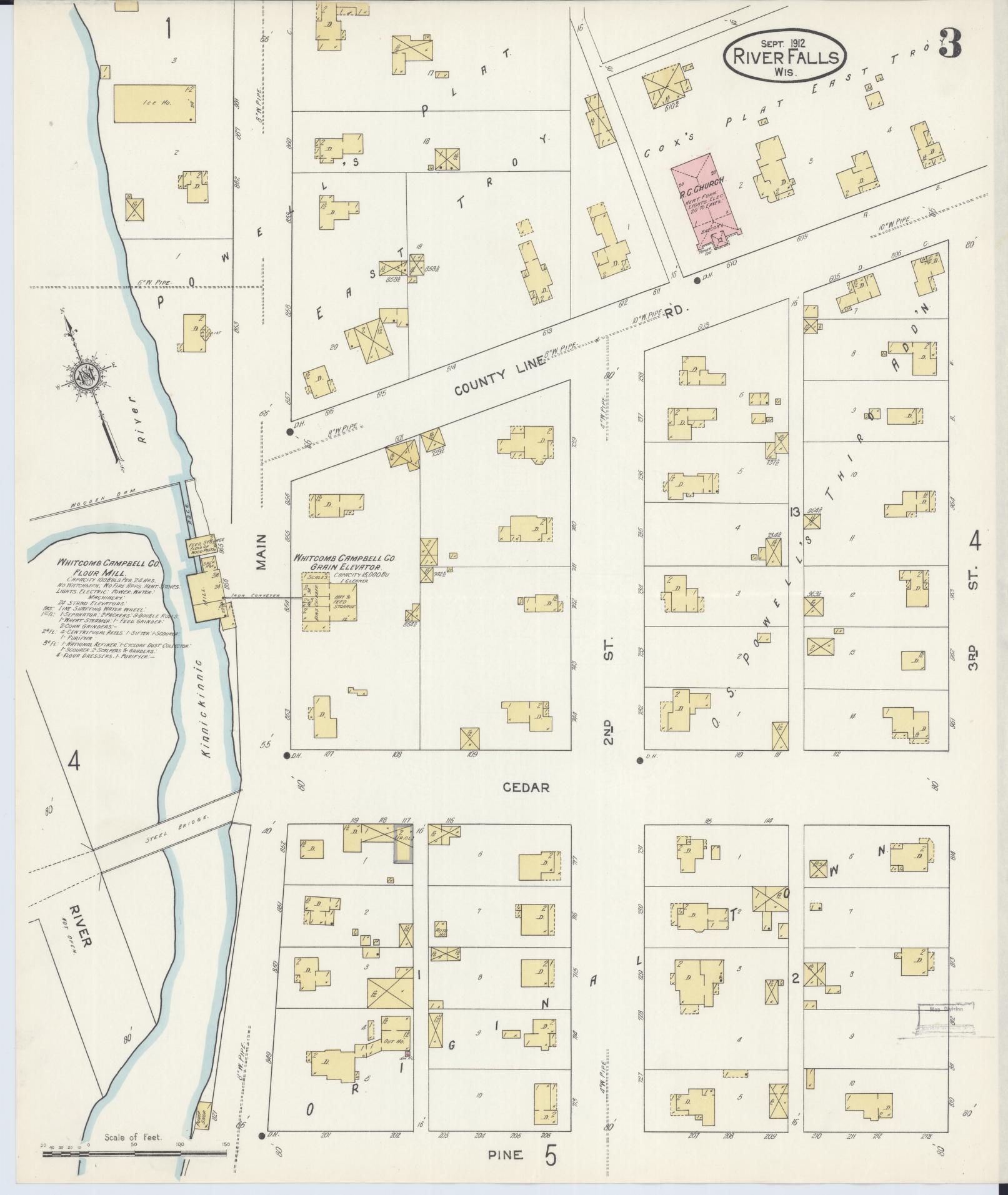 Sanborn Fire Insurance Map from River Falls, St. Croix and Pierce Counties, Wisconsin (1912), Sheet #0003 - Historic Sanborn Fire Insurance Map Print, vintage old map wall art, antique decor, genealogy gift, Wisconsin Wisconsin map