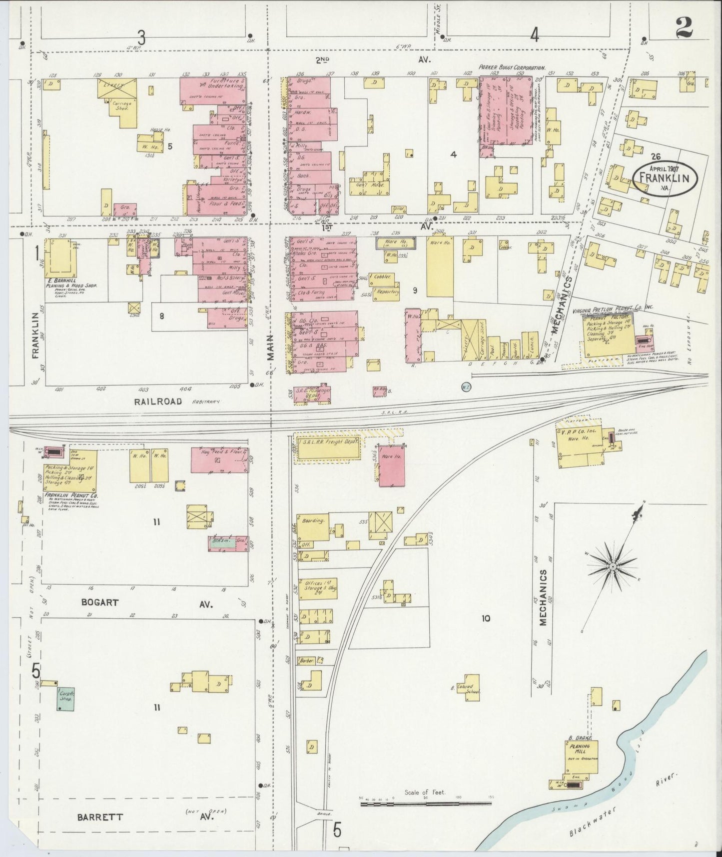 Sanborn Fire Insurance Map from Franklin, Independent Cities, Virginia (1907), Sheet #0002 - Complete Map Set gallery image, historic Sanborn map, vintage wall art, Virginia Virginia