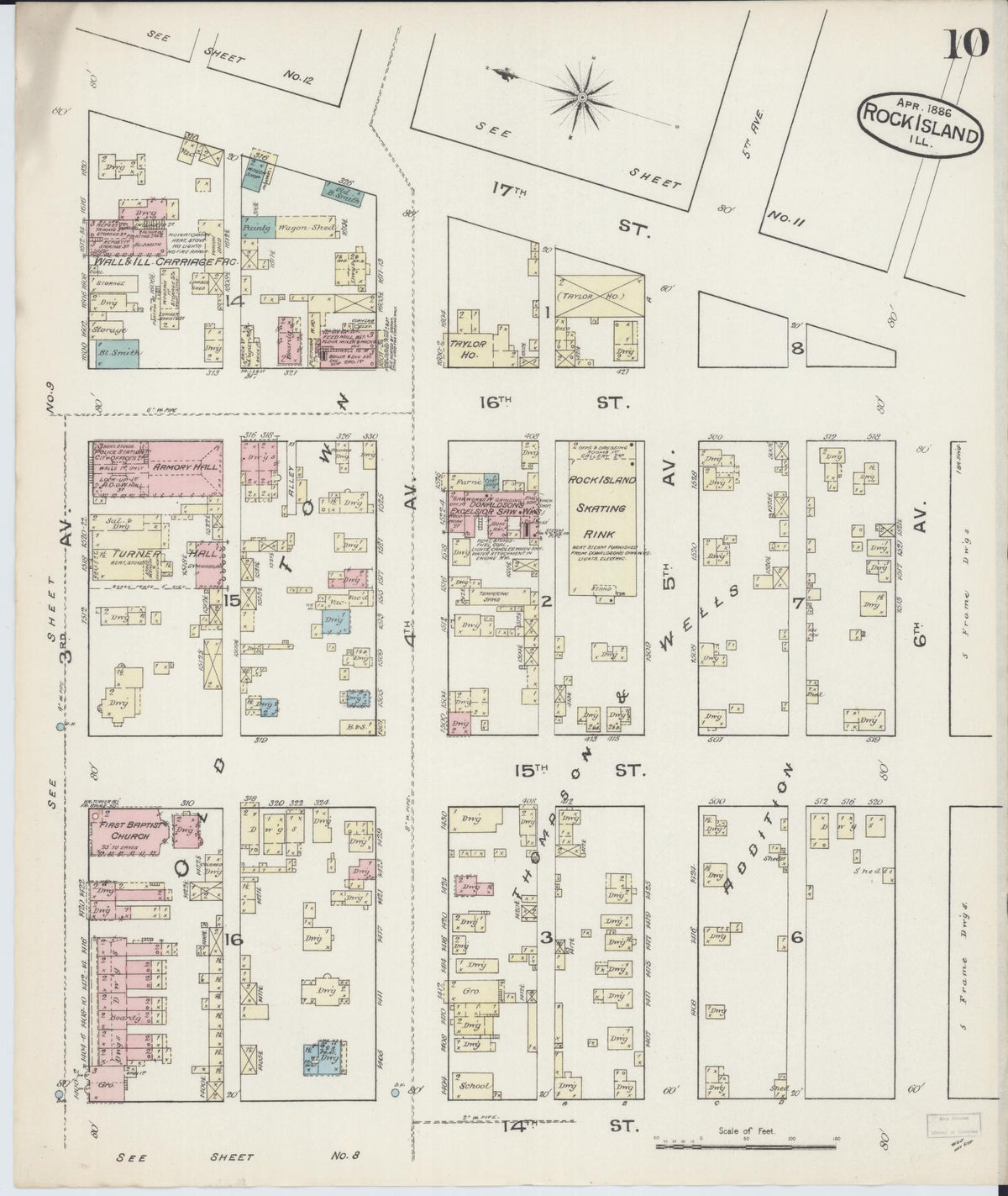 Sanborn Fire Insurance Map from Rock Island, Rock Island County, Illinois (1886), Sheet #0010 - Historic Sanborn Fire Insurance Map Print, vintage old map wall art, antique decor, genealogy gift, Illinois Illinois map