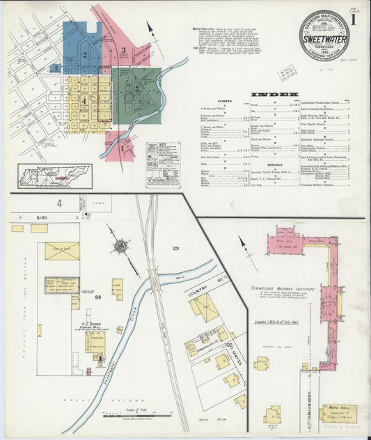 Sanborn Fire Insurance Map from Sweetwater, Monroe County, Tennessee (1920), Sheet #0001 - Historic Sanborn Fire Insurance Map Print, vintage old map wall art, antique decor, genealogy gift, Tennessee Tennessee map
