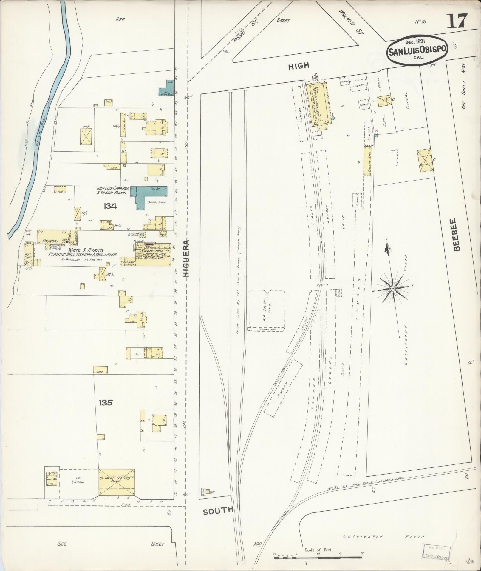 Sanborn Fire Insurance Map from San Luis Obispo, San Luis Obispo County, California (1891), Sheet #0017 - Complete Map Set gallery image, historic Sanborn map, vintage wall art, California California