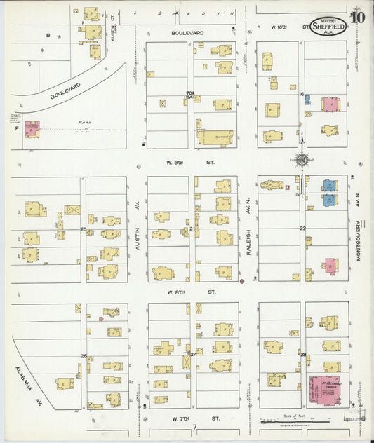 Sanborn Fire Insurance Map from Sheffield, Colbert County, Alabama (1921), Sheet #0010 - Historic Sanborn Fire Insurance Map Print, vintage old map wall art, antique decor, genealogy gift, Alabama Alabama map