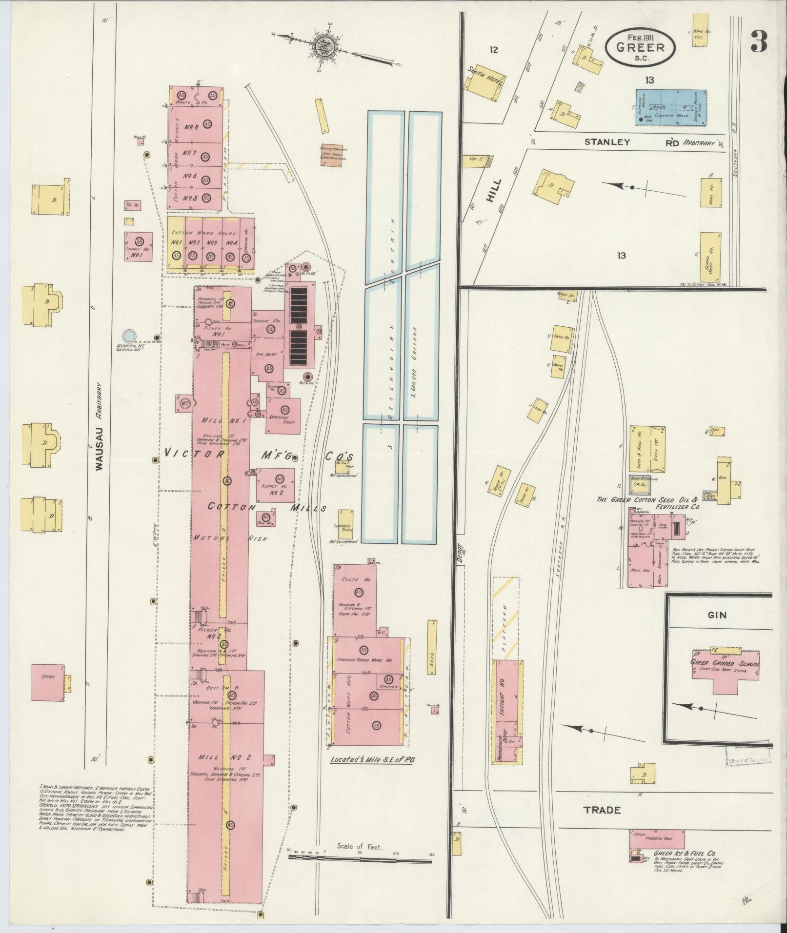 Sanborn Fire Insurance Map from Greer, Greenville and Spartanburg Counties, South Carolina (1911), Sheet #0003 - Complete Map Set gallery image, historic Sanborn map, vintage wall art, South Carolina South Carolina