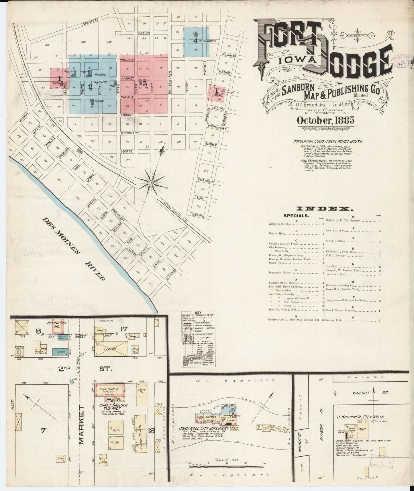 Sanborn Fire Insurance Map from Fort Dodge, Webster County, Iowa (1885), Sheet #0001 - Historic Sanborn Fire Insurance Map Print, vintage old map wall art