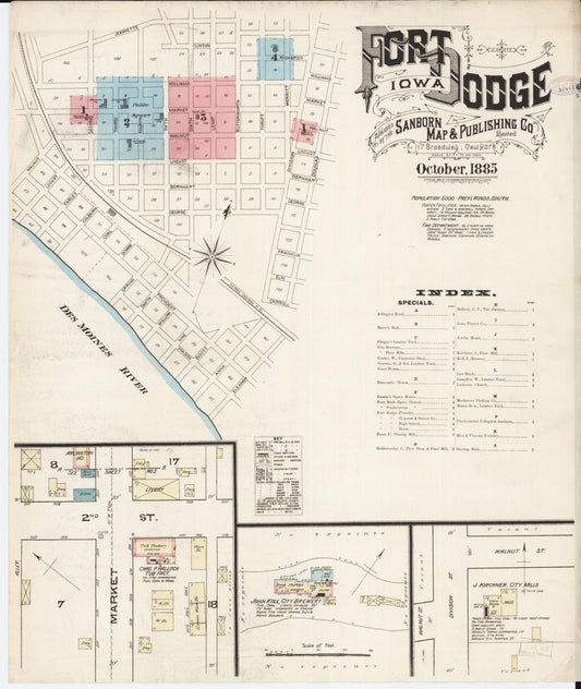 Sanborn Fire Insurance Map from Fort Dodge, Webster County, Iowa (1885), Sheet #0001 - Historic Sanborn Fire Insurance Map Print, vintage old map wall art
