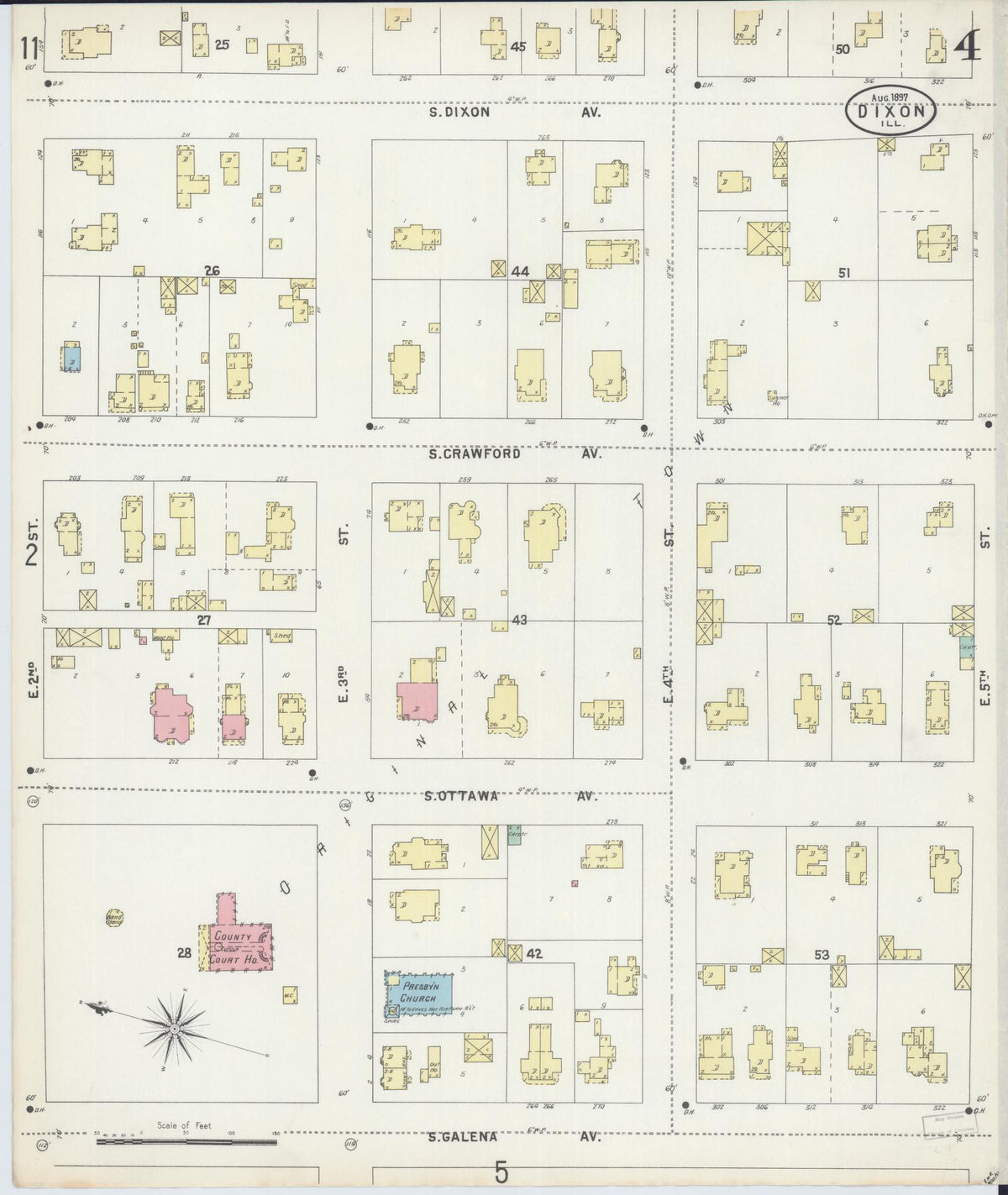 Sanborn Fire Insurance Map from Dixon, Lee County, Illinois (1897), Sheet #0004 - Historic Sanborn Fire Insurance Map Print, vintage old map wall art, antique decor, genealogy gift, Illinois Illinois map