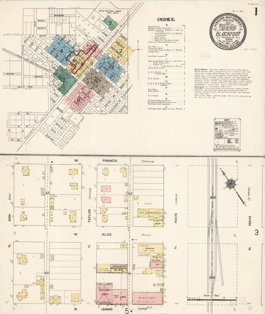 Sanborn Fire Insurance Map from Blackfoot, Bingham County, Idaho (1911), Sheet #0001 - Complete Map Set gallery image, historic Sanborn map, vintage wall art, Idaho Idaho