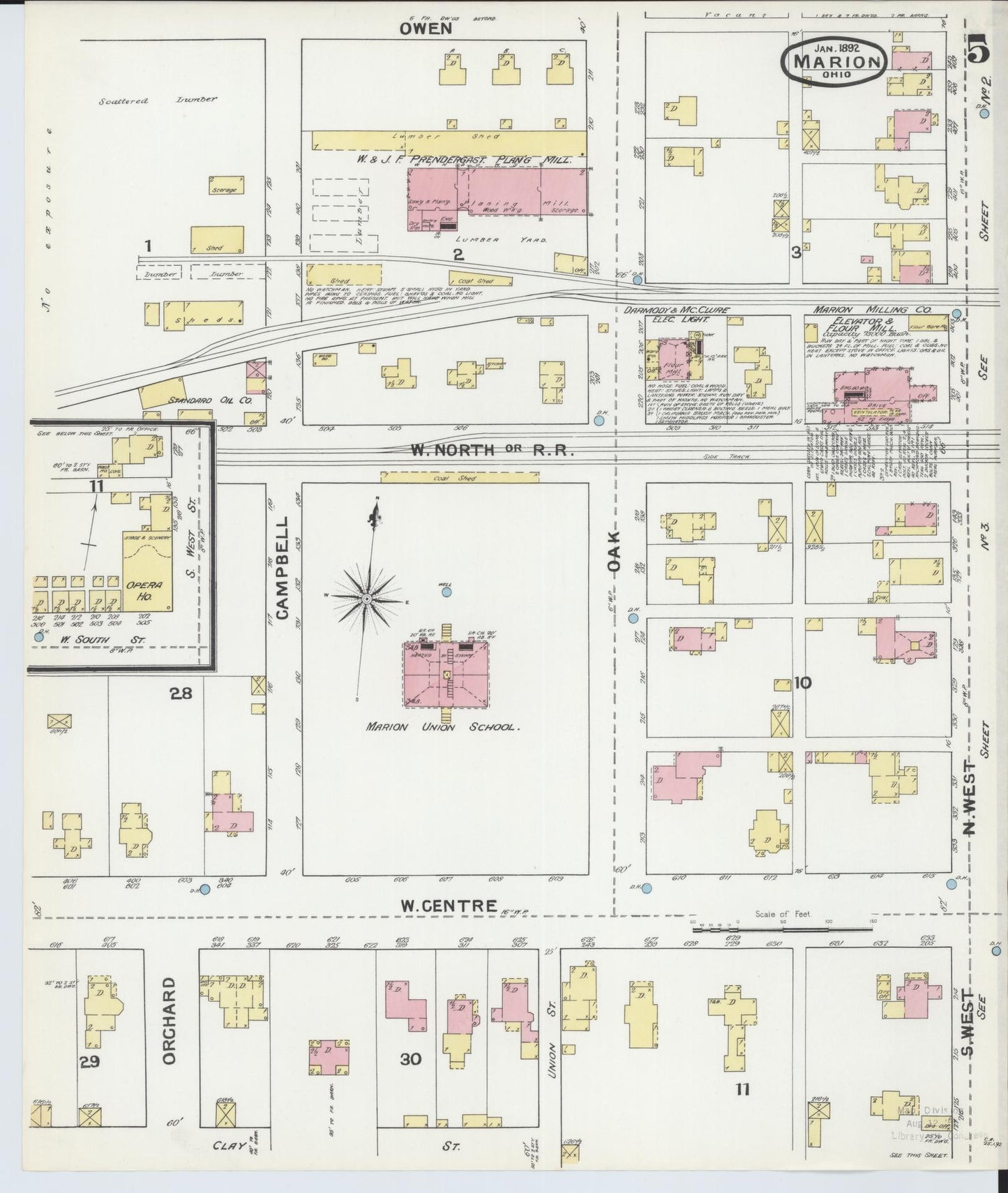 Sanborn Fire Insurance Map from Marion, Marion County, Ohio (1892), Sheet #0005 - Historic Sanborn Fire Insurance Map Print, vintage old map wall art, antique decor, genealogy gift, Ohio Ohio map