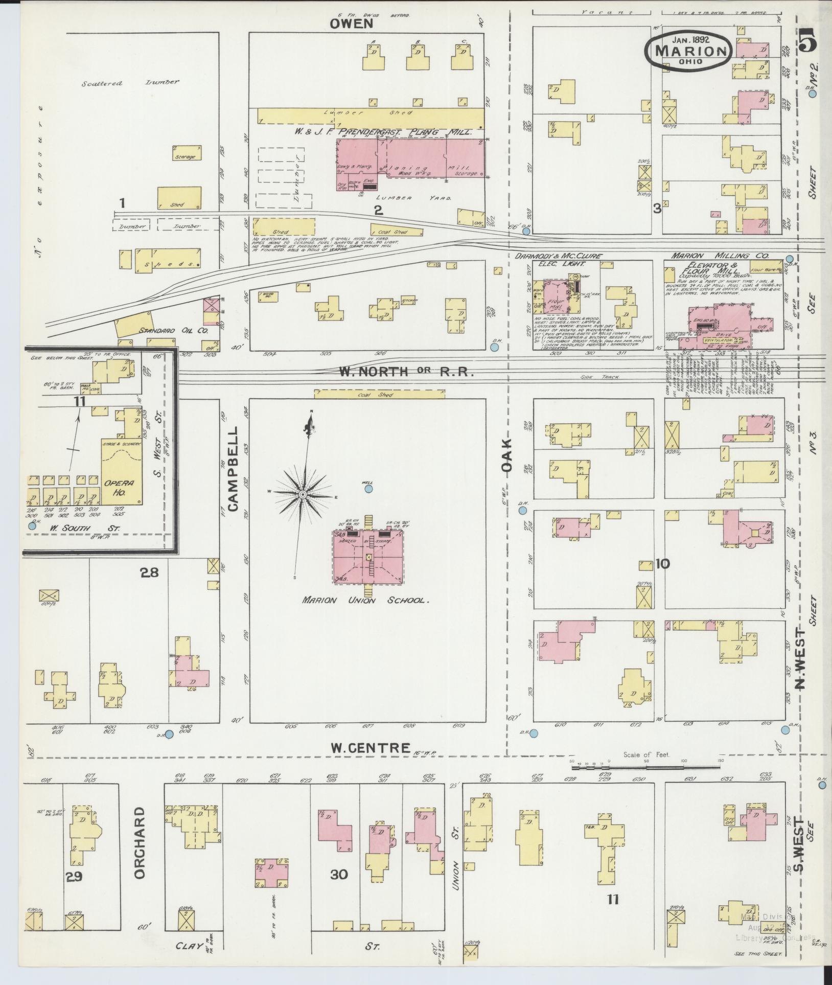 Sanborn Fire Insurance Map from Marion, Marion County, Ohio (1892), Sheet #0005 - Historic Sanborn Fire Insurance Map Print, vintage old map wall art, antique decor, genealogy gift, Ohio Ohio map