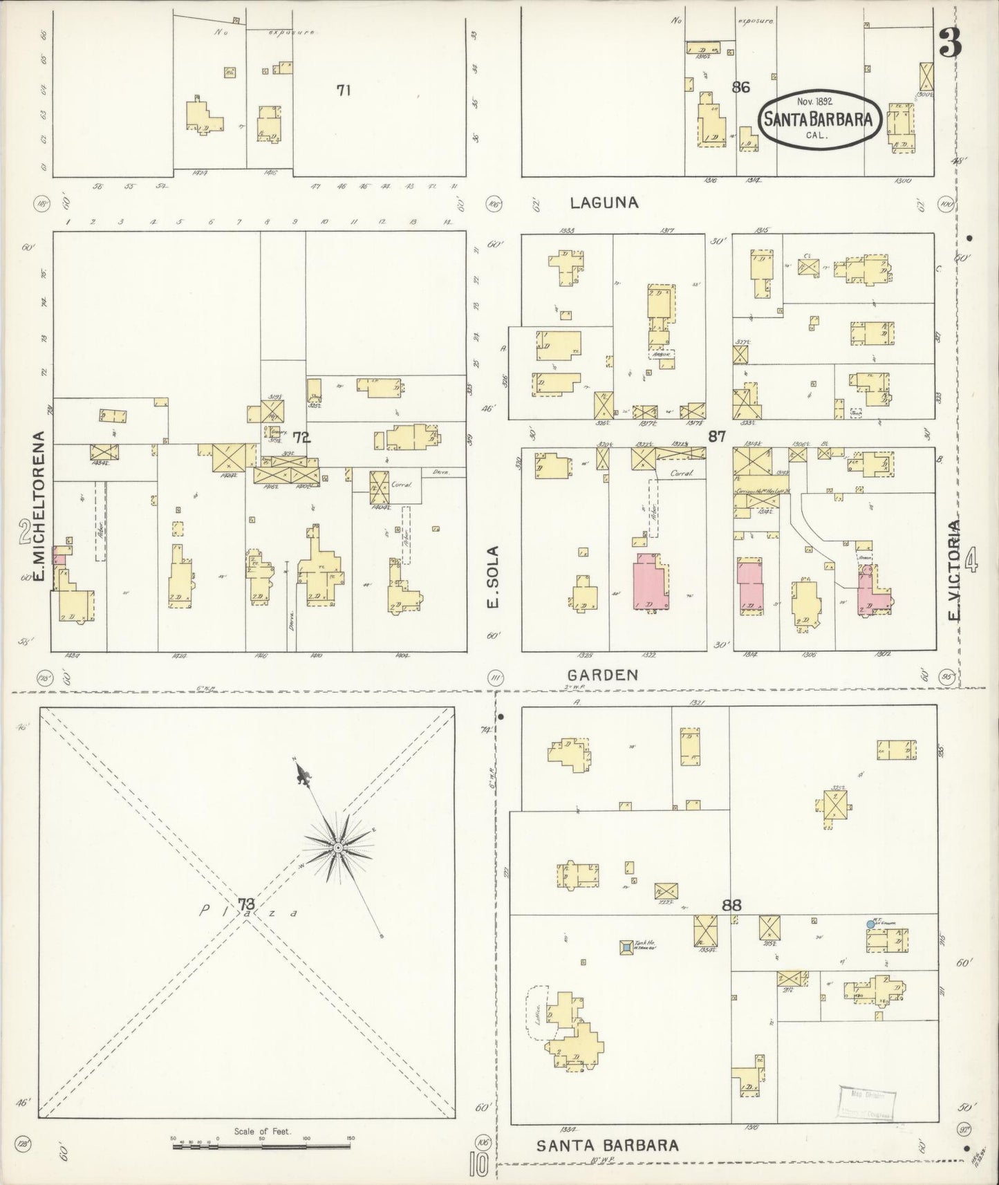 Sanborn Fire Insurance Map from Santa Barbara, Santa Barbara County, California (1892), Sheet #0003 - Complete Map Set gallery image, historic Sanborn map, vintage wall art, California California