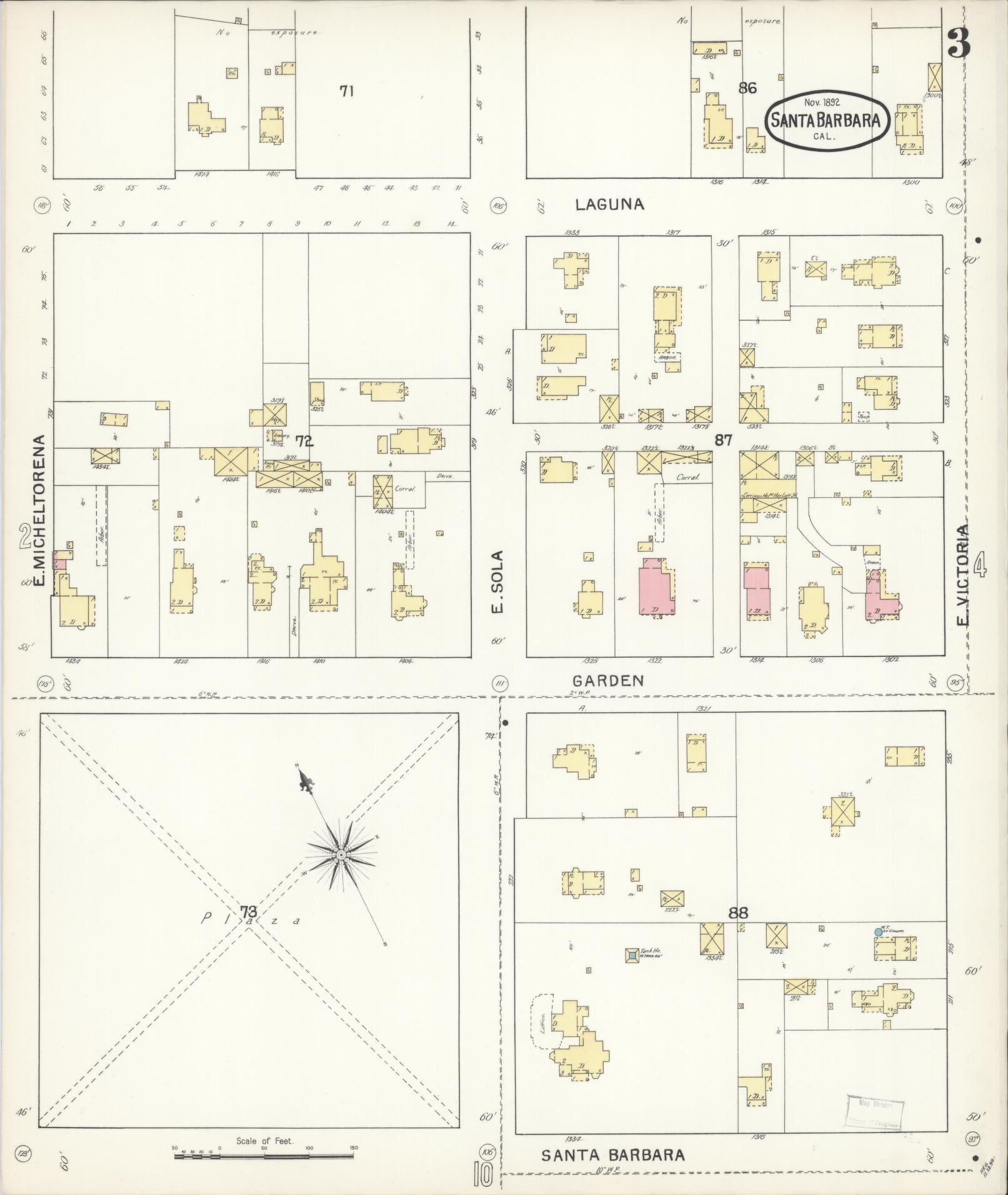 Sanborn Fire Insurance Map from Santa Barbara, Santa Barbara County, California (1892), Sheet #0003 - Complete Map Set gallery image, historic Sanborn map, vintage wall art, California California