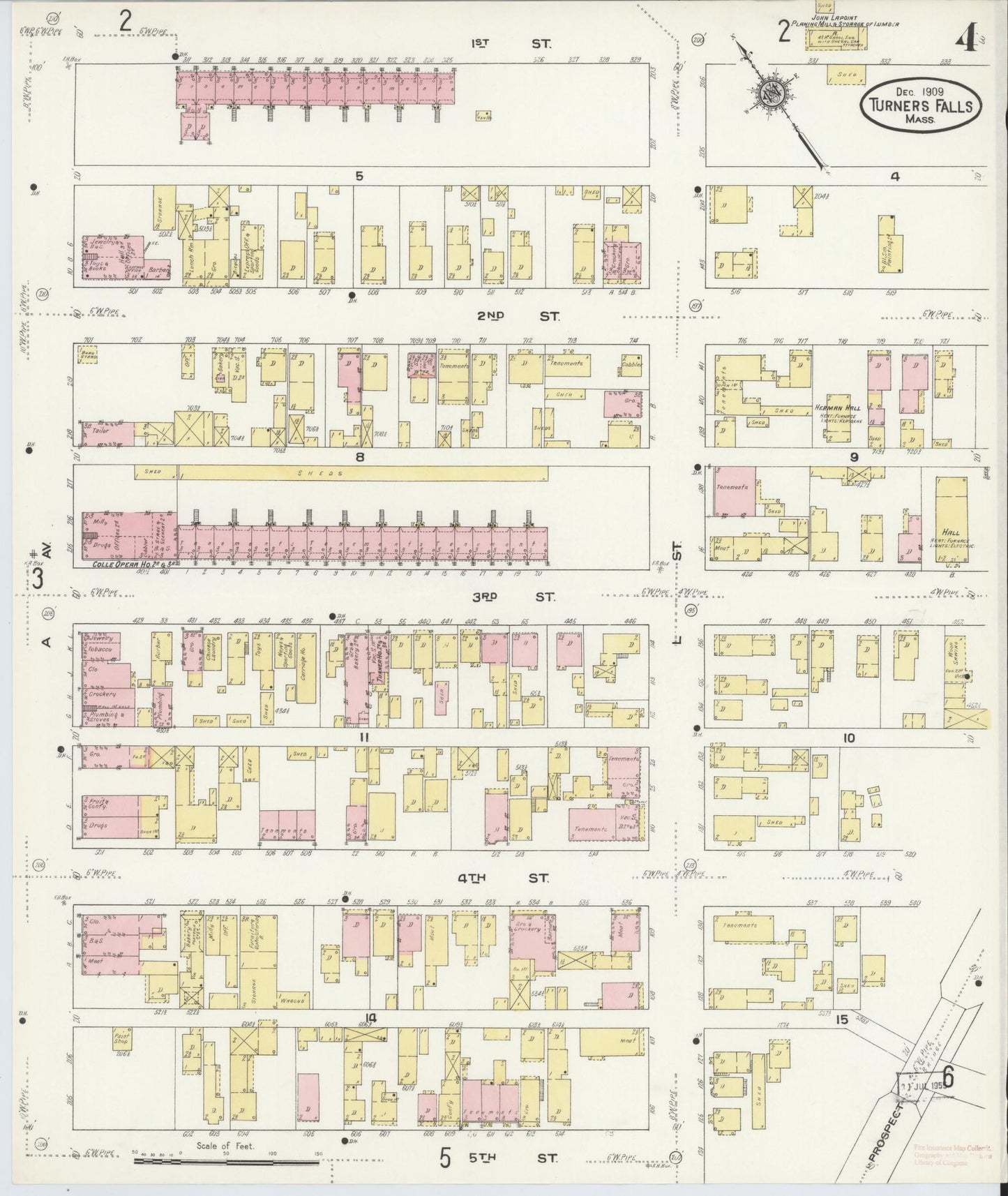 Sanborn Fire Insurance Map from Turners Falls, Franklin County, Massachusetts (1909), Sheet #0004 - Historic Sanborn Fire Insurance Map Print, vintage old map wall art, antique decor, genealogy gift, Massachusetts Massachusetts map