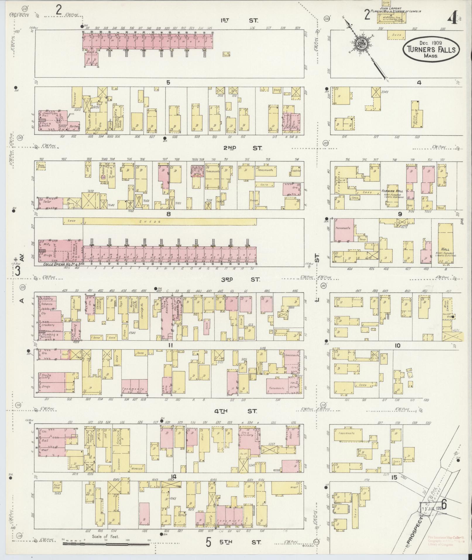 Sanborn Fire Insurance Map from Turners Falls, Franklin County, Massachusetts (1909), Sheet #0004 - Historic Sanborn Fire Insurance Map Print, vintage old map wall art, antique decor, genealogy gift, Massachusetts Massachusetts map