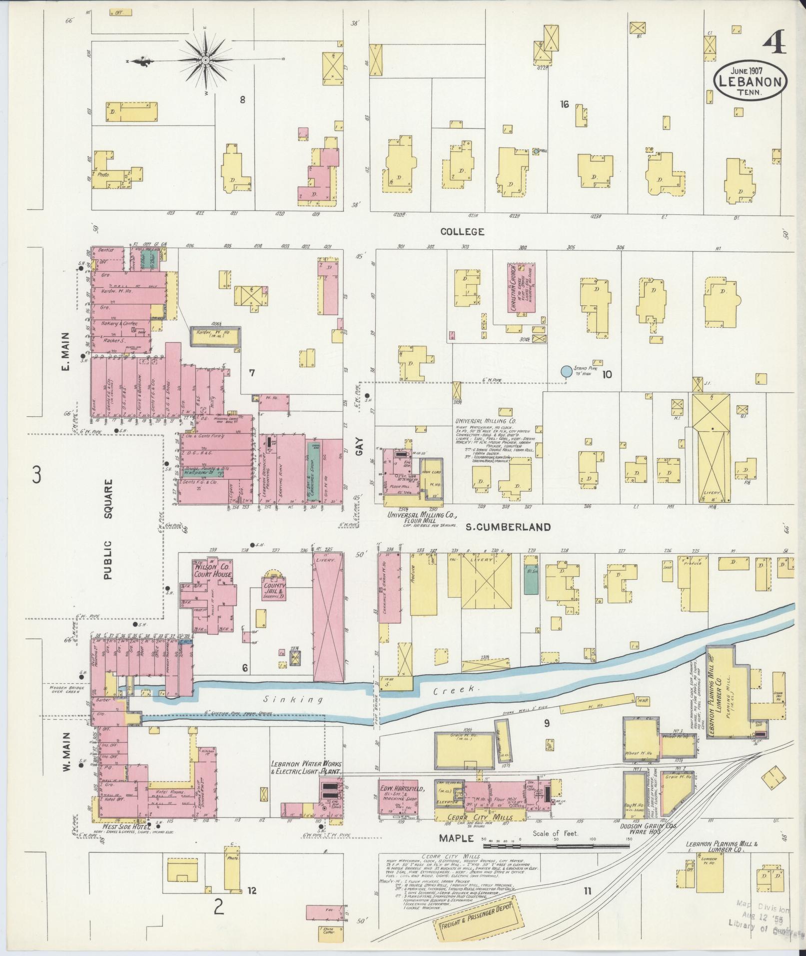 Sanborn Fire Insurance Map from Lebanon, Wilson County, Tennessee (1907), Sheet #0004 - Historic Sanborn Fire Insurance Map Print, vintage old map wall art, antique decor, genealogy gift, Tennessee Tennessee map