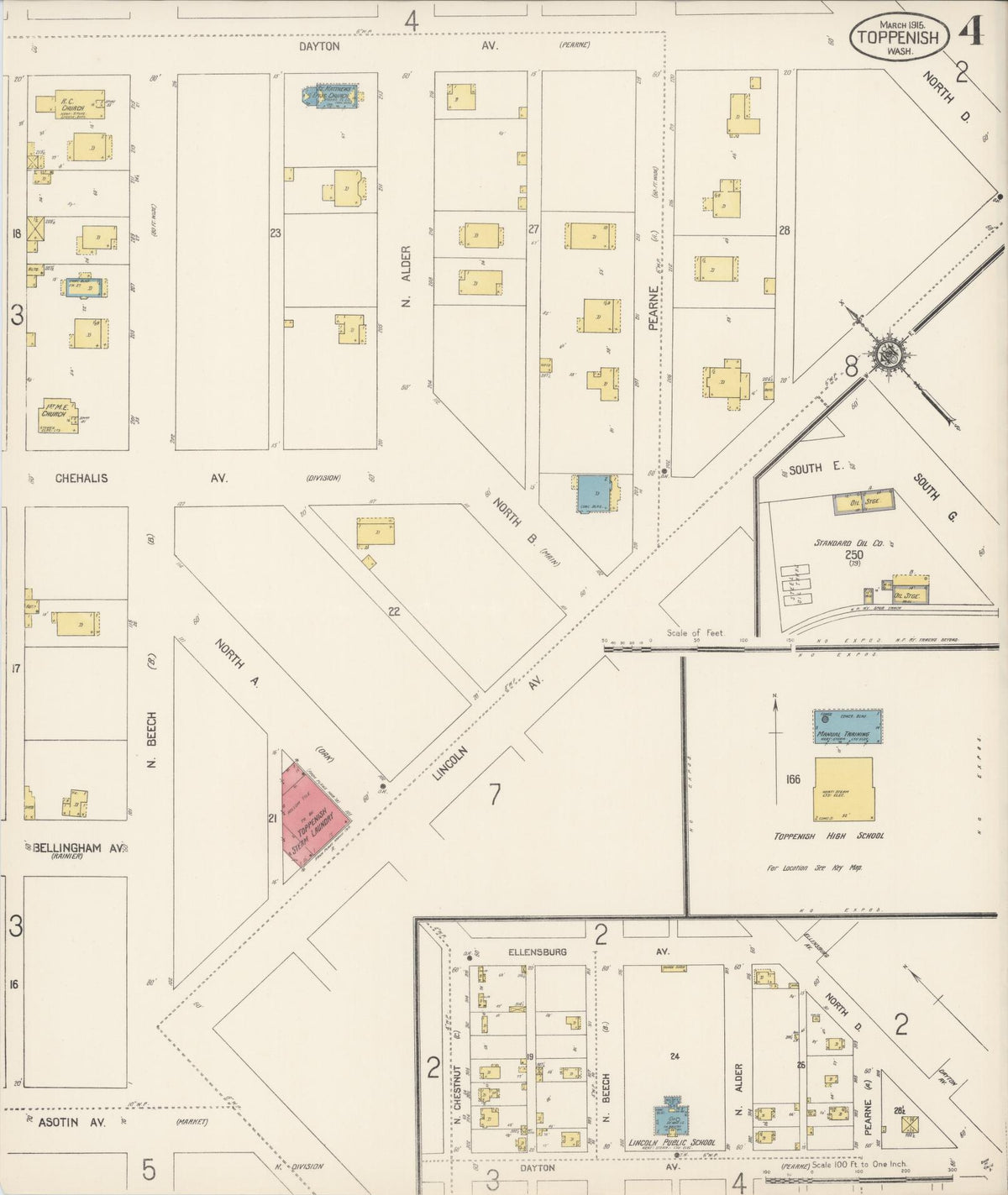 Sanborn Fire Insurance Map from Toppenish, Yakima County, Washington (1915), Sheet #0004 - Historic Sanborn Fire Insurance Map Print, vintage old map wall art, antique decor, genealogy gift, Washington Washington map