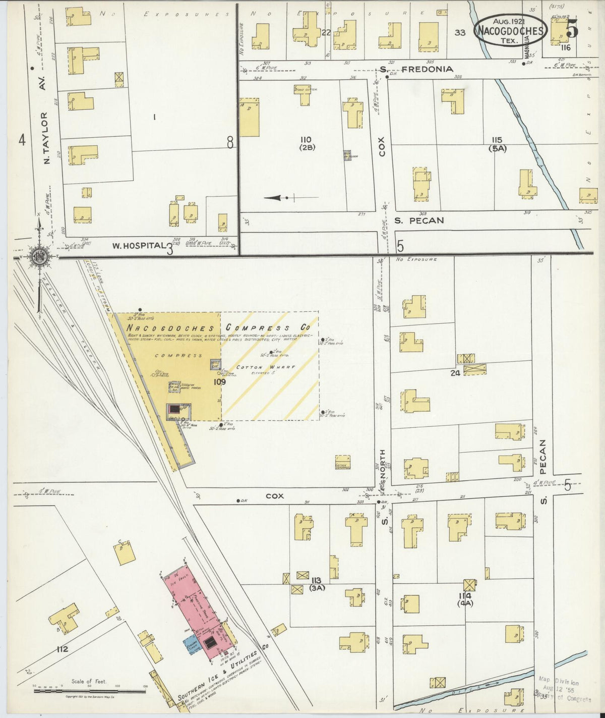 Sanborn Fire Insurance Map from Nacogdoches, Nacogdoches County, Texas (1921), Sheet #0005 - Complete Map Set gallery image, historic Sanborn map, vintage wall art, Texas Texas