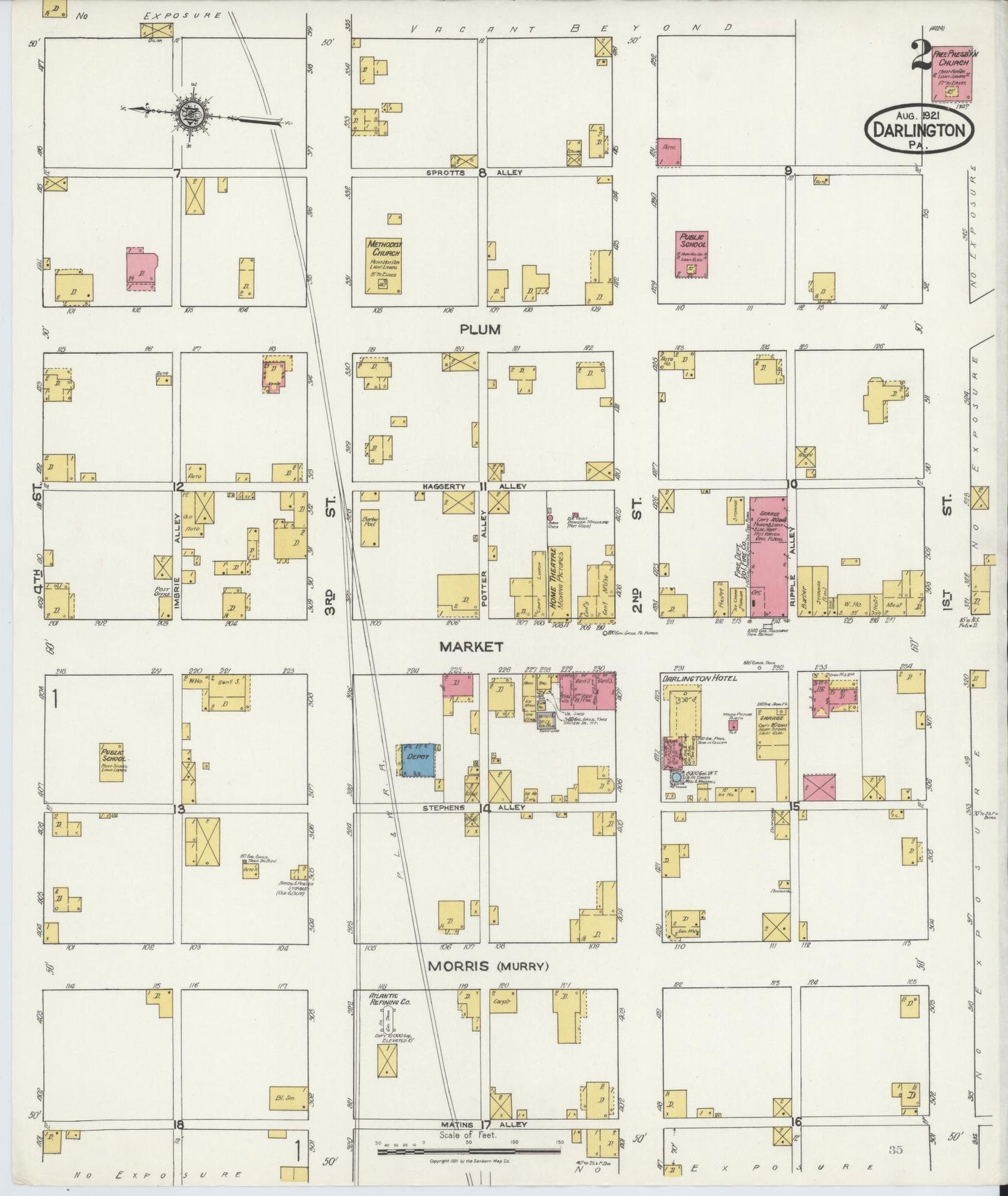 Sanborn Fire Insurance Map from Darlington, Beaver County, Pennsylvania (1921), Sheet #0002 - Historic Sanborn Fire Insurance Map Print, vintage old map wall art, antique decor, genealogy gift, Pennsylvania Pennsylvania map