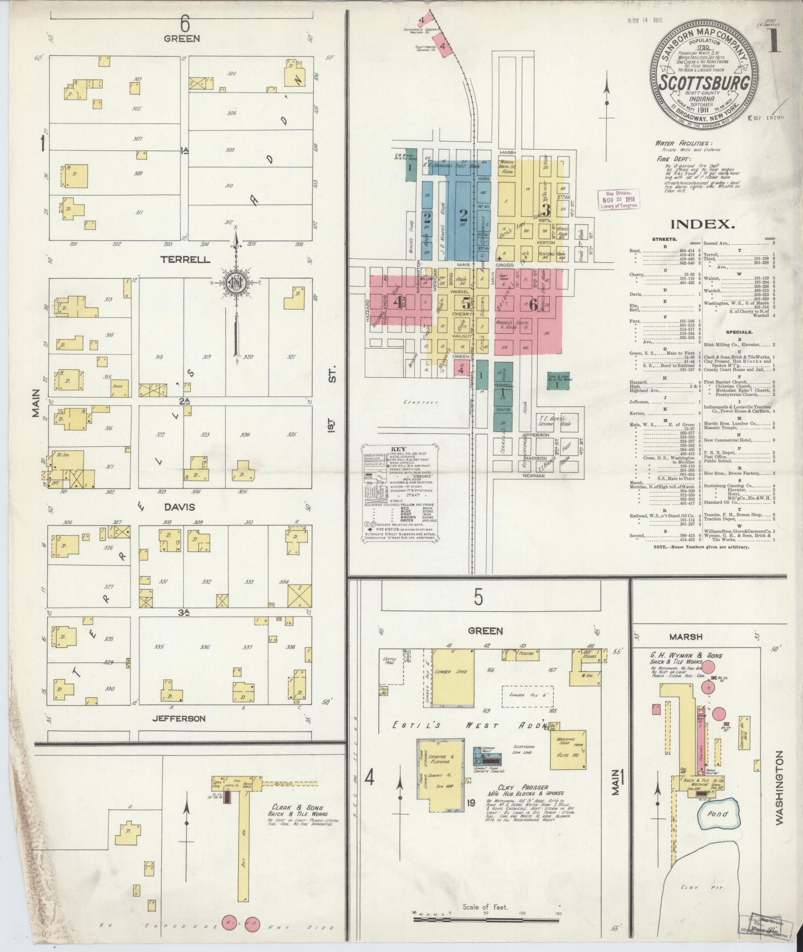 Sanborn Fire Insurance Map from Scottsburg, Scott County, Indiana (1911), Sheet #0001 - Complete Map Set gallery image, historic Sanborn map, vintage wall art, Indiana Indiana