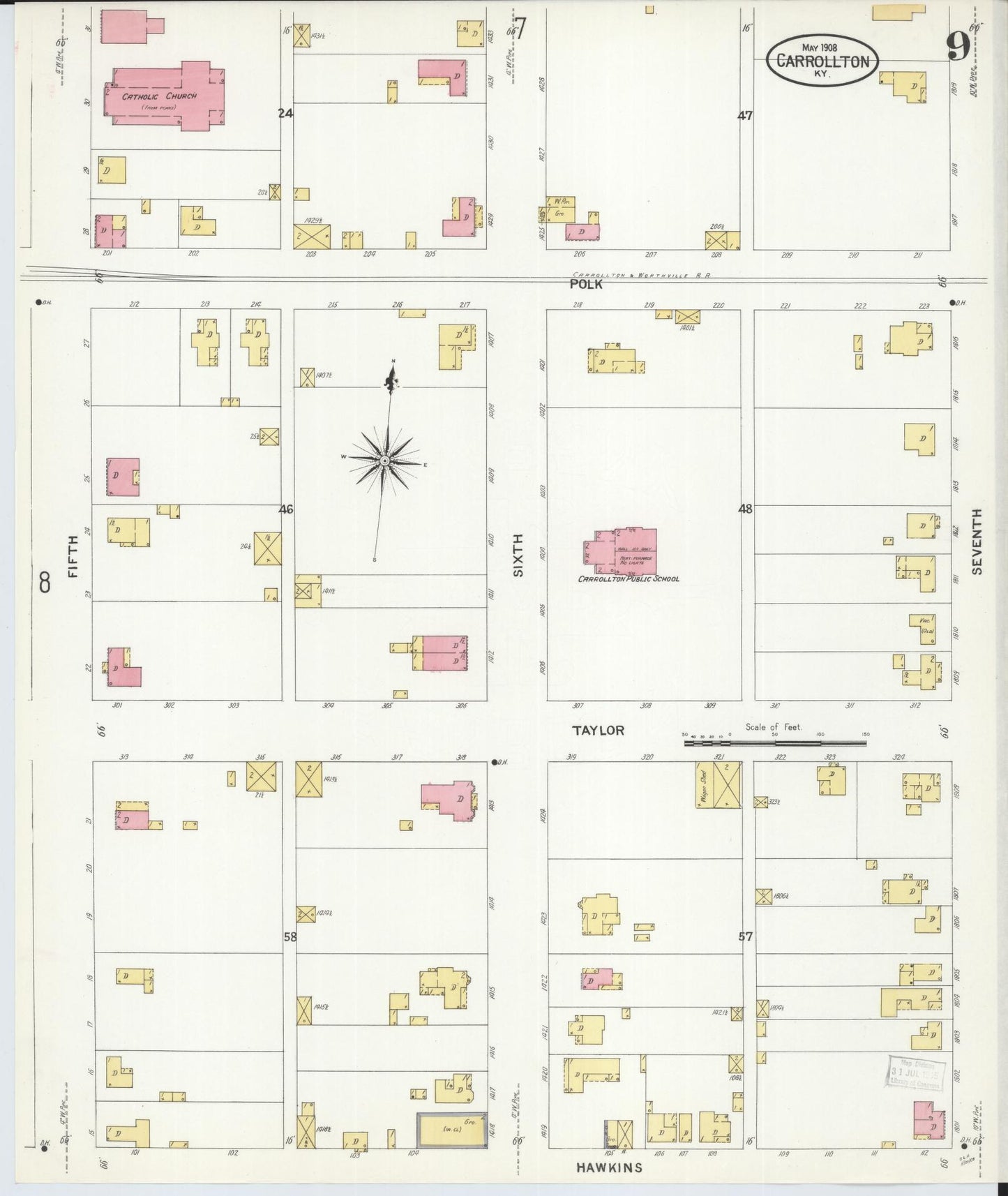 Sanborn Fire Insurance Map from Carrollton, Carroll County, Kentucky (1908), Sheet #0009 - Complete Map Set gallery image, historic Sanborn map, vintage wall art, Kentucky Kentucky