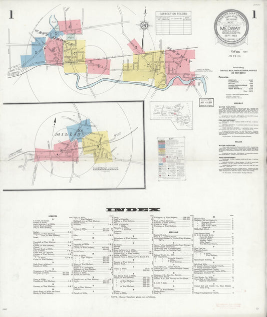 Sanborn Fire Insurance Map from Medway, Norfolk County, Massachusetts (1933), Sheet #0001 - Historic Sanborn Fire Insurance Map Print, vintage old map wall art, antique decor, genealogy gift, Massachusetts Massachusetts map