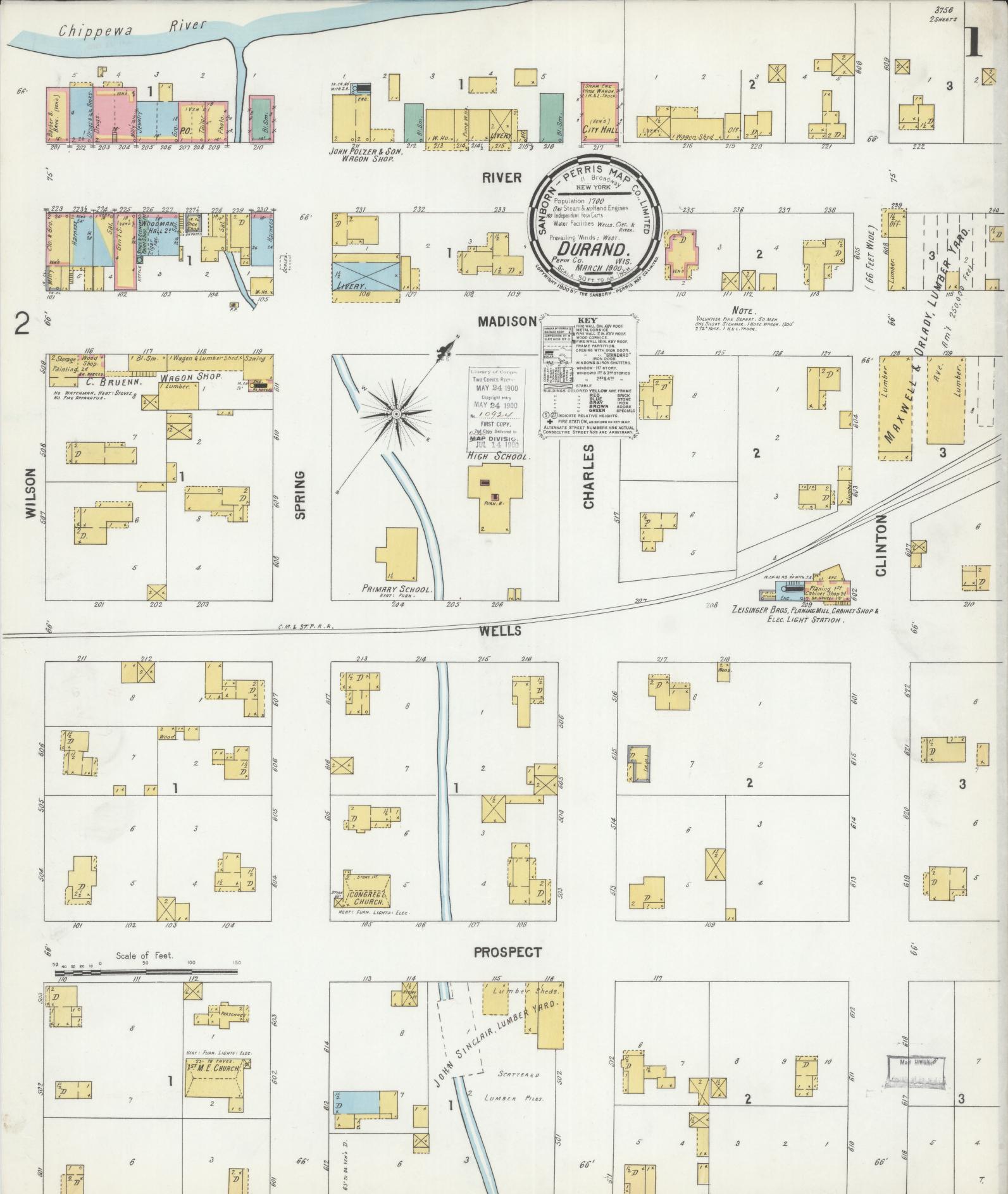 Sanborn Fire Insurance Map from Durand, Pepin County, Wisconsin (1900), Sheet #0001 - Historic Sanborn Fire Insurance Map Print, vintage old map wall art, antique decor, genealogy gift, Wisconsin Wisconsin map