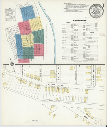 Sanborn Fire Insurance Map from Donora, Washington County, Pennsylvania (1909), Sheet #0001 - Historic Sanborn Fire Insurance Map Print, vintage old map wall art, antique decor, genealogy gift, Pennsylvania Pennsylvania map