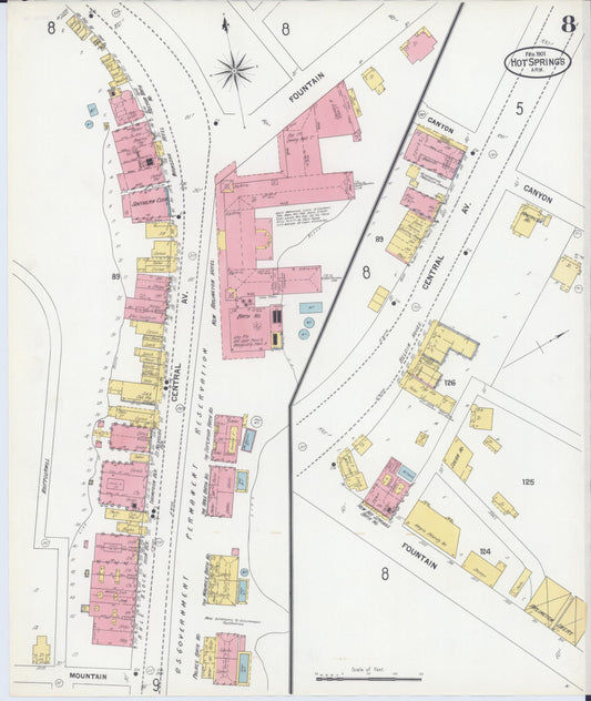 Sanborn Fire Insurance Map from Hot Springs, Garland County, Arkansas (1901), Sheet #0008 - Historic Sanborn Fire Insurance Map Print, vintage old map wall art, antique decor, genealogy gift, Arkansas Arkansas map