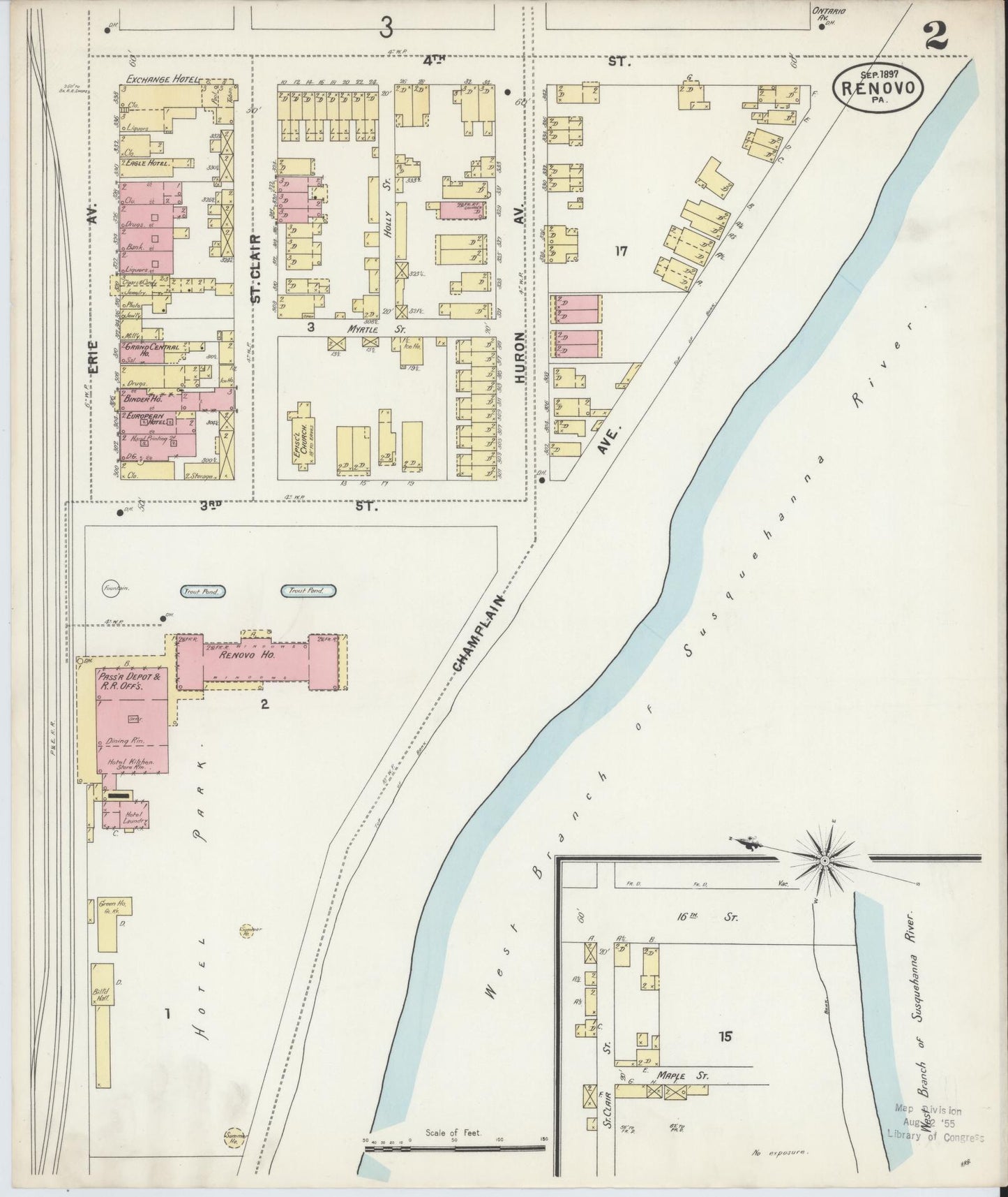 Sanborn Fire Insurance Map from Renovo, Clinton County, Pennsylvania (1897), Sheet #0002 - Historic Sanborn Fire Insurance Map Print, vintage old map wall art, antique decor, genealogy gift, Pennsylvania Pennsylvania map