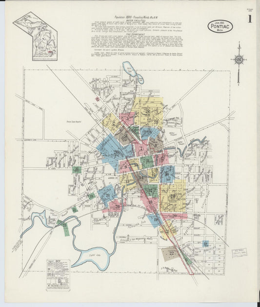 Sanborn Fire Insurance Map from Pontiac, Oakland County, Michigan (1915), Sheet #0001 - Historic Sanborn Fire Insurance Map Print, vintage old map wall art, antique decor, genealogy gift, Michigan Michigan map