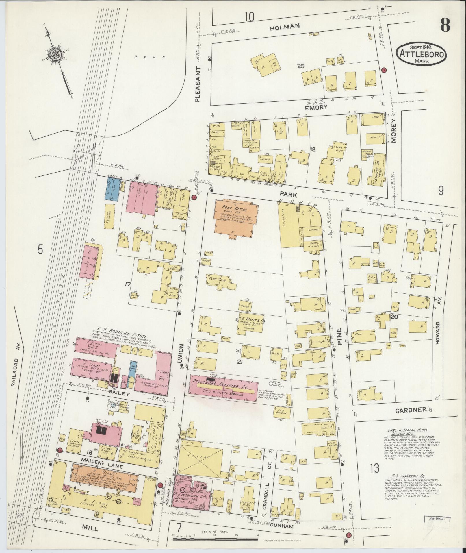 Sanborn Fire Insurance Map from Attleboro, Bristol County, Massachusetts (1916), Sheet #0008 - Historic Sanborn Fire Insurance Map Print, vintage old map wall art, antique decor, genealogy gift, Massachusetts Massachusetts map
