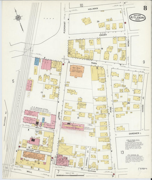 Sanborn Fire Insurance Map from Attleboro, Bristol County, Massachusetts (1916), Sheet #0008 - Historic Sanborn Fire Insurance Map Print, vintage old map wall art, antique decor, genealogy gift, Massachusetts Massachusetts map
