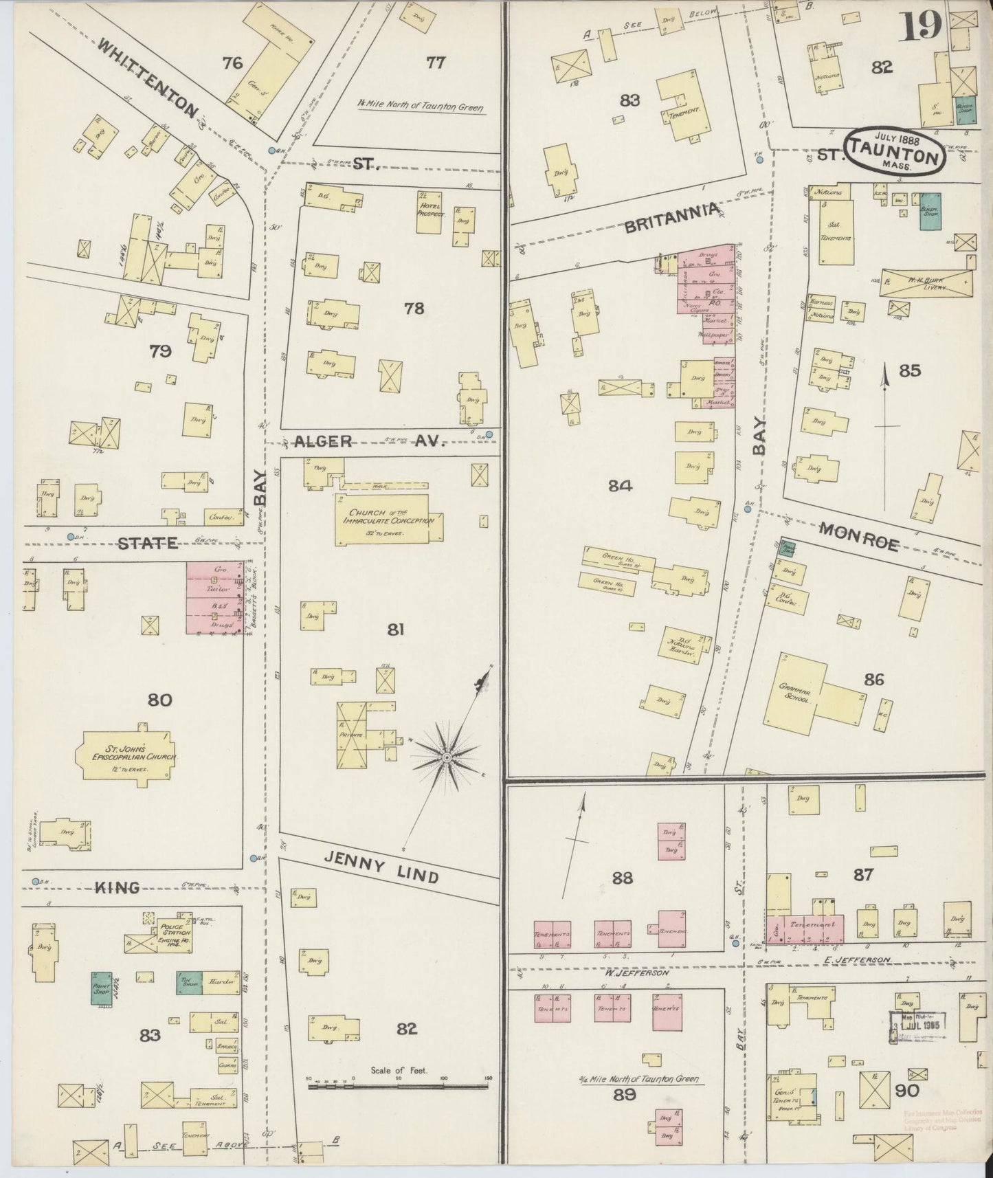Sanborn Fire Insurance Map from Taunton, Bristol County, Massachusetts (1888), Sheet #0019 - Historic Sanborn Fire Insurance Map Print, vintage old map wall art, antique decor, genealogy gift, Massachusetts Massachusetts map