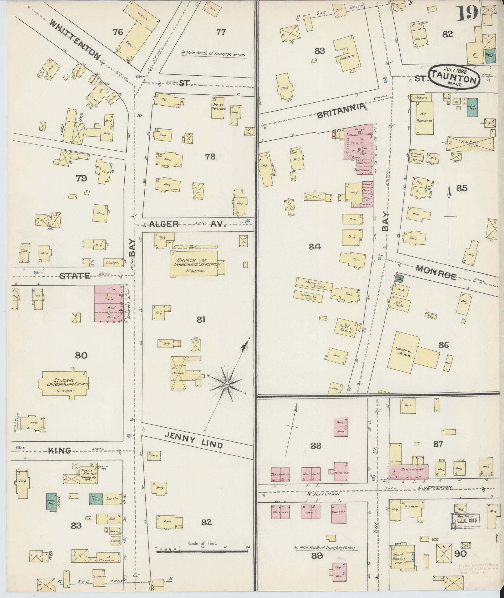 Sanborn Fire Insurance Map from Taunton, Bristol County, Massachusetts (1888), Sheet #0019 - Historic Sanborn Fire Insurance Map Print, vintage old map wall art, antique decor, genealogy gift, Massachusetts Massachusetts map