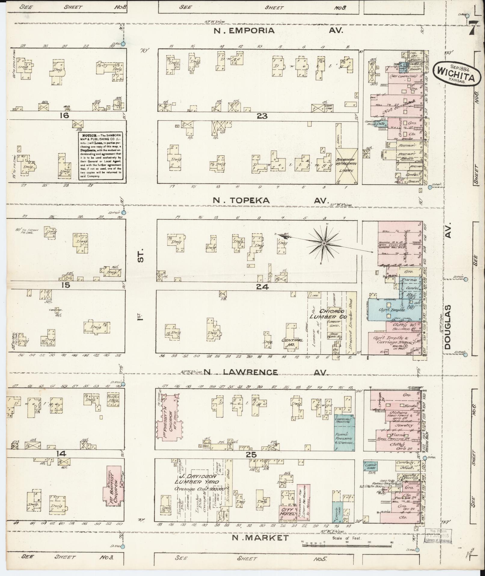 Sanborn Fire Insurance Map from Wichita, Sedgwick County, Kansas (1884), Sheet #0007 - Complete Map Set gallery image, historic Sanborn map, vintage wall art, Kansas Kansas
