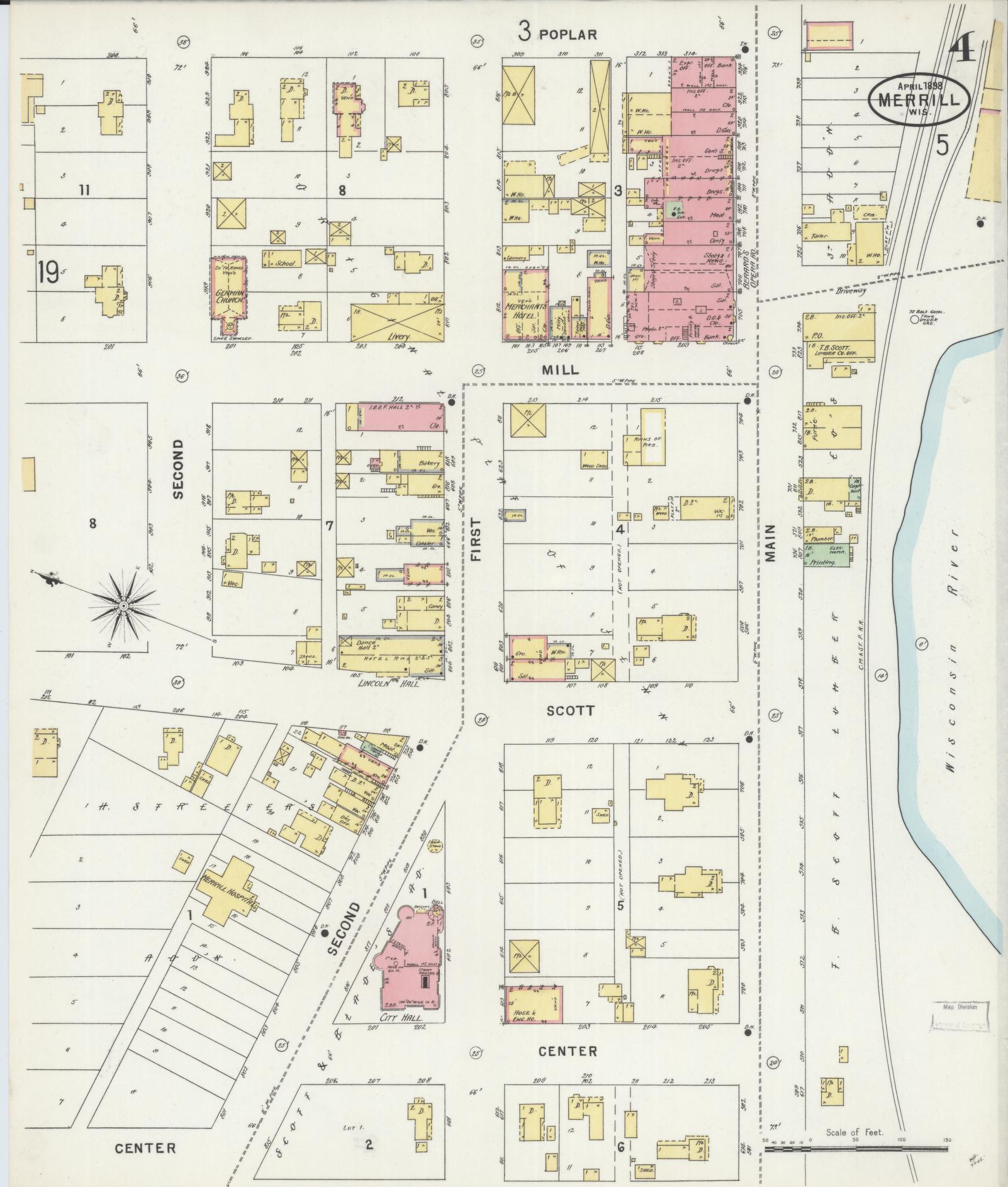 Sanborn Fire Insurance Map from Merrill, Lincoln County, Wisconsin (1898), Sheet #0004 - Historic Sanborn Fire Insurance Map Print, vintage old map wall art, antique decor, genealogy gift, Wisconsin Wisconsin map