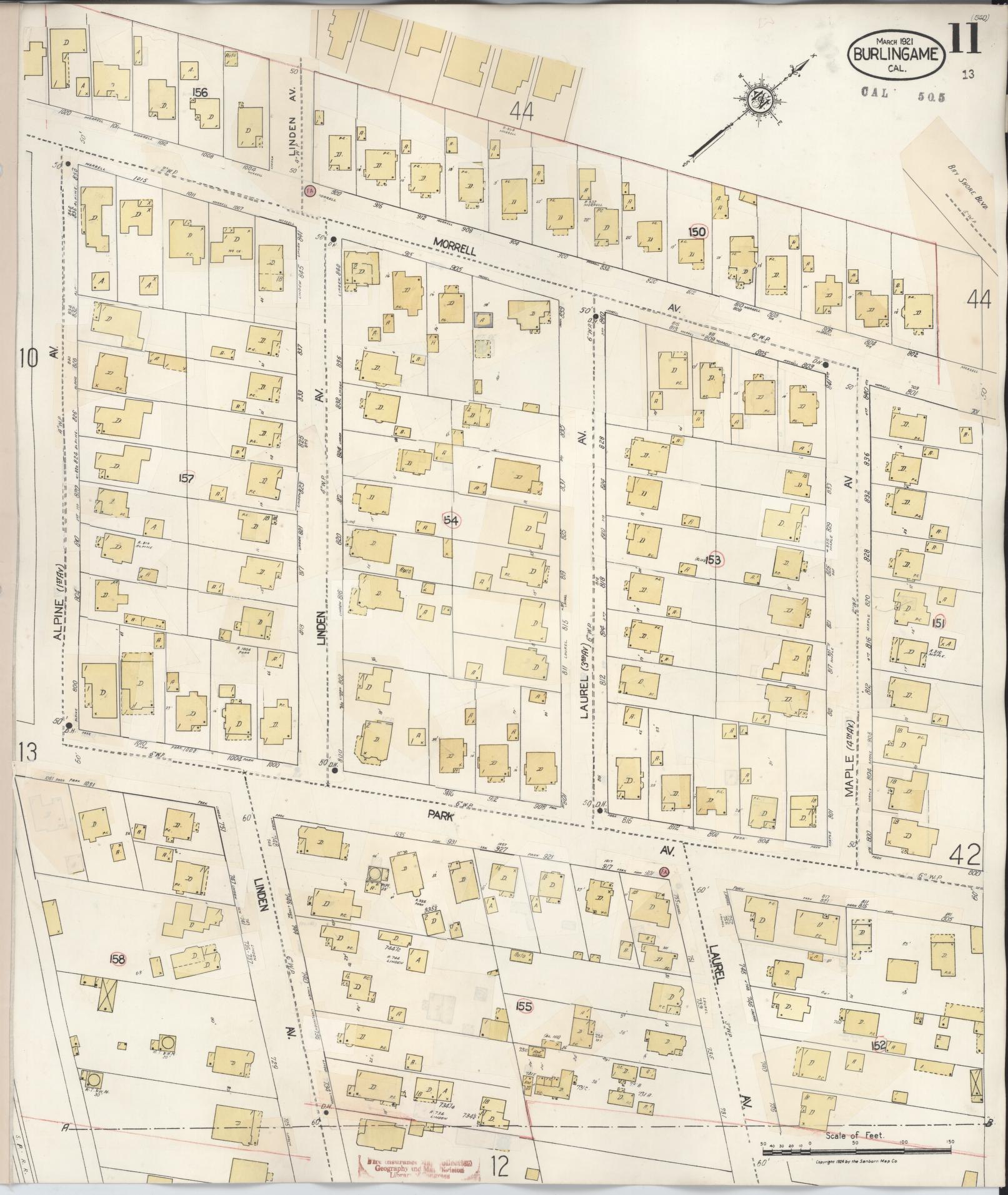 Sanborn Fire Insurance Map from Burlingame, San Mateo County, California (1949), Sheet #0011 - Complete Map Set gallery image, historic Sanborn map, vintage wall art, California California