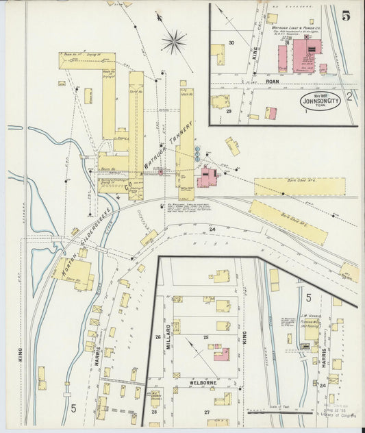 Sanborn Fire Insurance Map from Johnson City, Washington County, Tennessee (1897), Sheet #0005 - Historic Sanborn Fire Insurance Map Print, vintage old map wall art, antique decor, genealogy gift, Tennessee Tennessee map